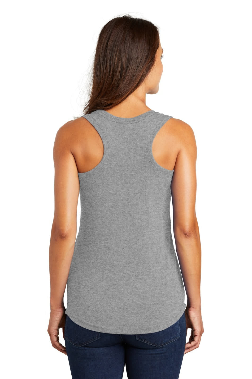 A grey ladies' tank top featuring a racerback design and a logo on the back.