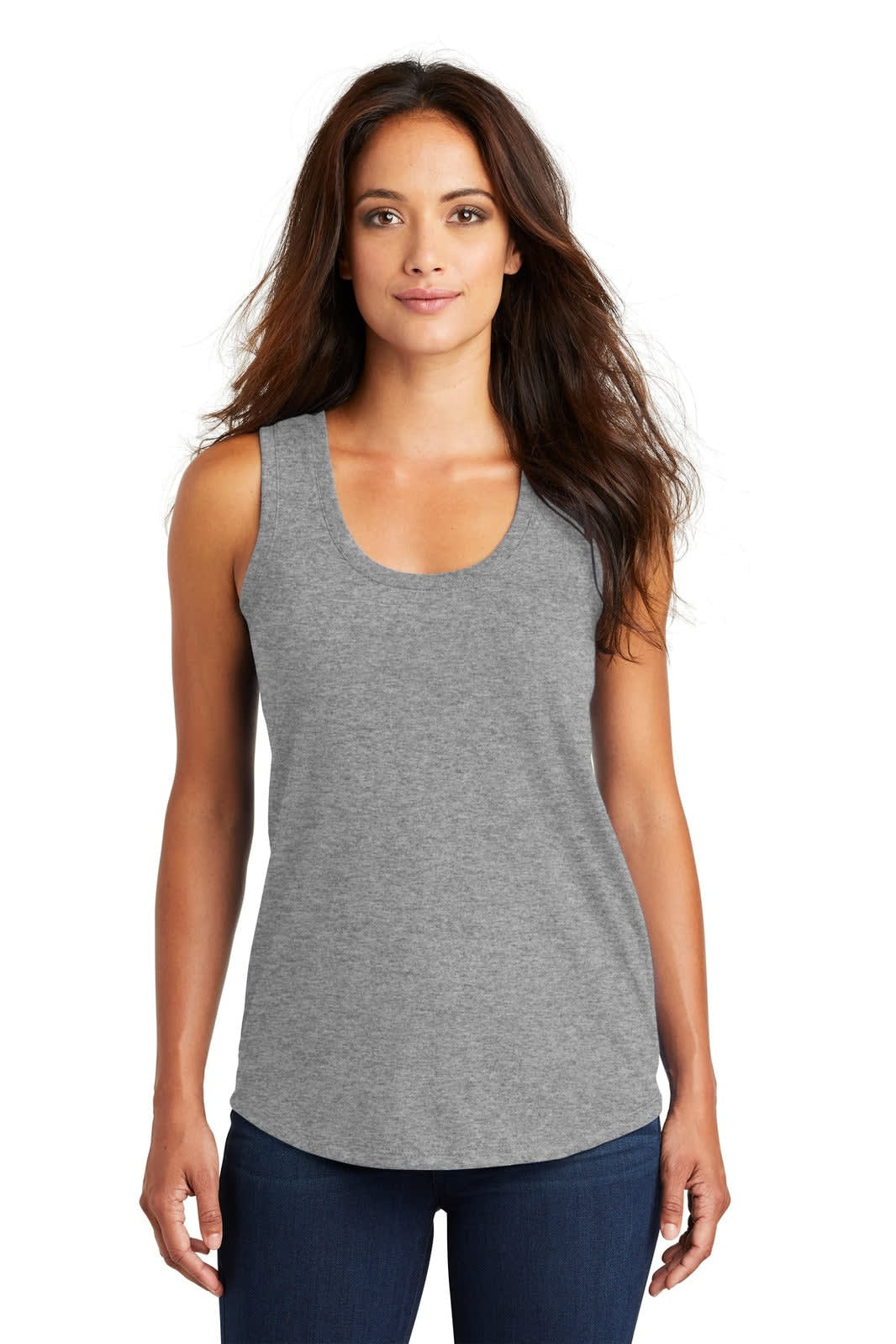 A grey racerback tank top featuring a scoop neckline and a slight curve at the hem. It has a small logo present.