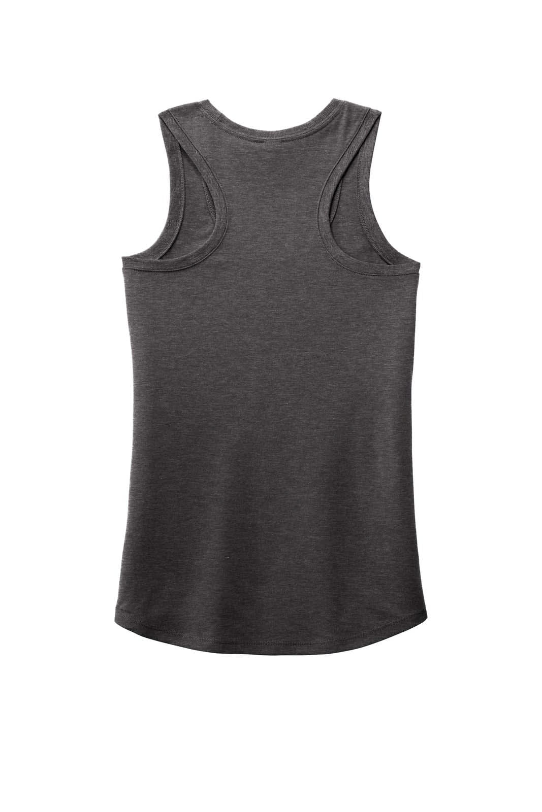 A dark grey women's racerback tank top with a simple design and a logo on the back.