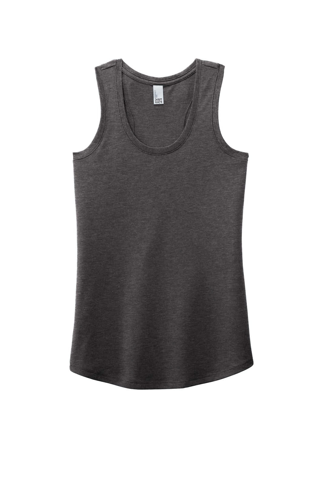A dark grey racerback tank top with a relaxed fit and a branding label.