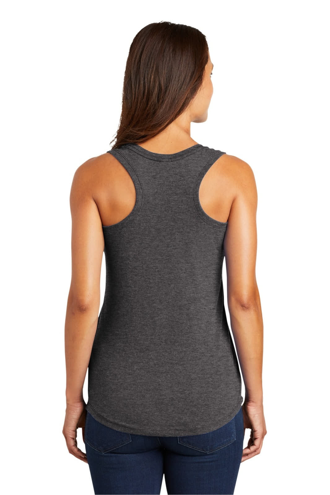 A grey racerback tank top with a fitted design, featuring a branding logo on the back.