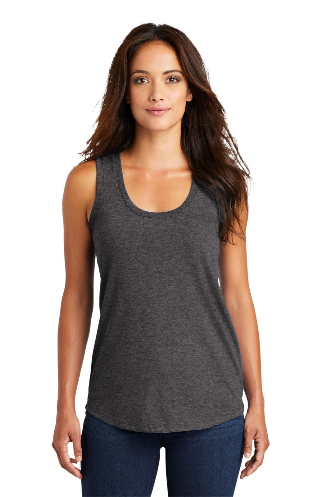 A grey ladies' racerback tank top with a scoop neckline, featuring a logo on the front.