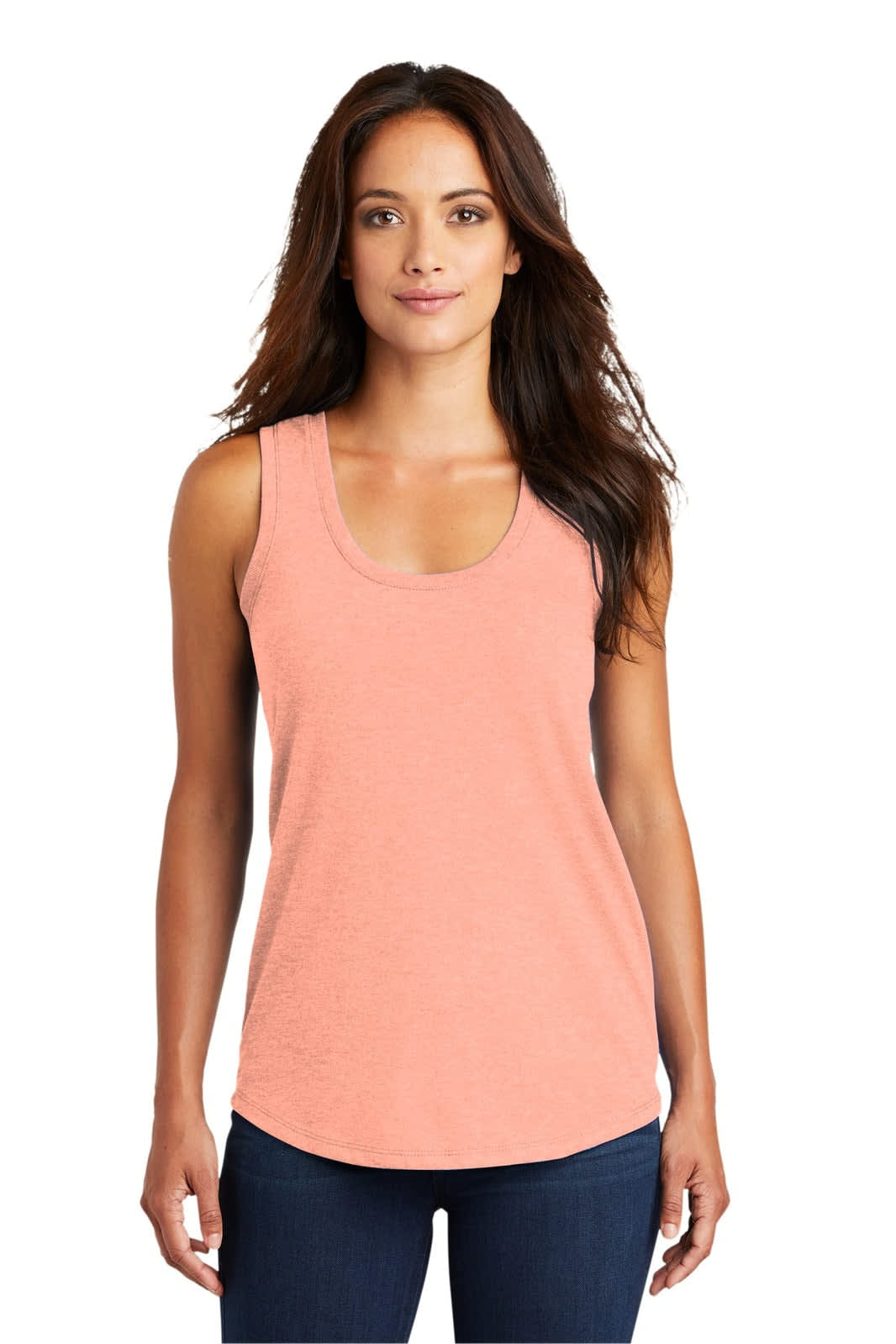 A pink ladies' racerback tank top with a scoop neckline and a fitted design. Features a logo at the bottom.