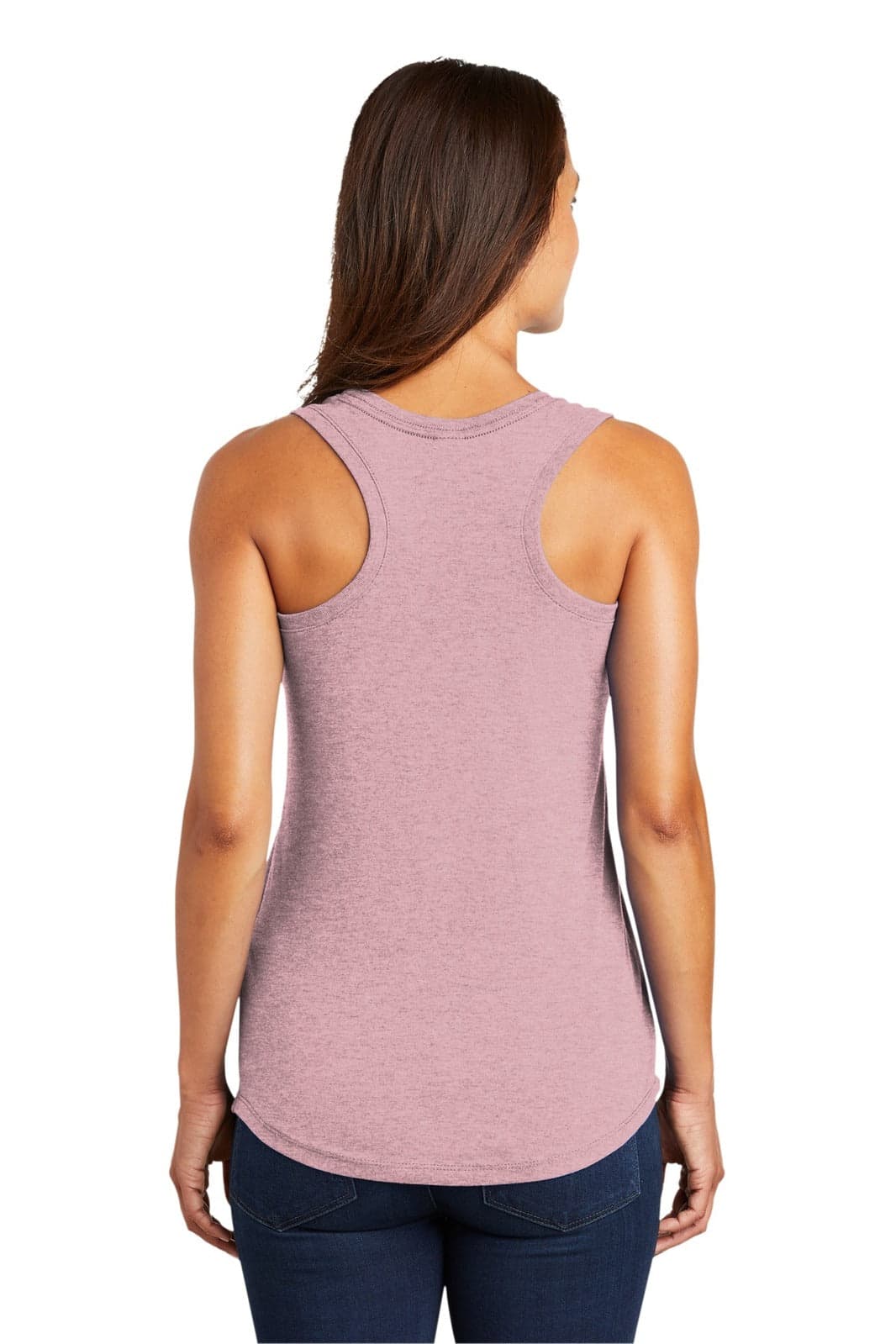 A pink ladies' racerback tank top with a fitted design and a logo on the back.