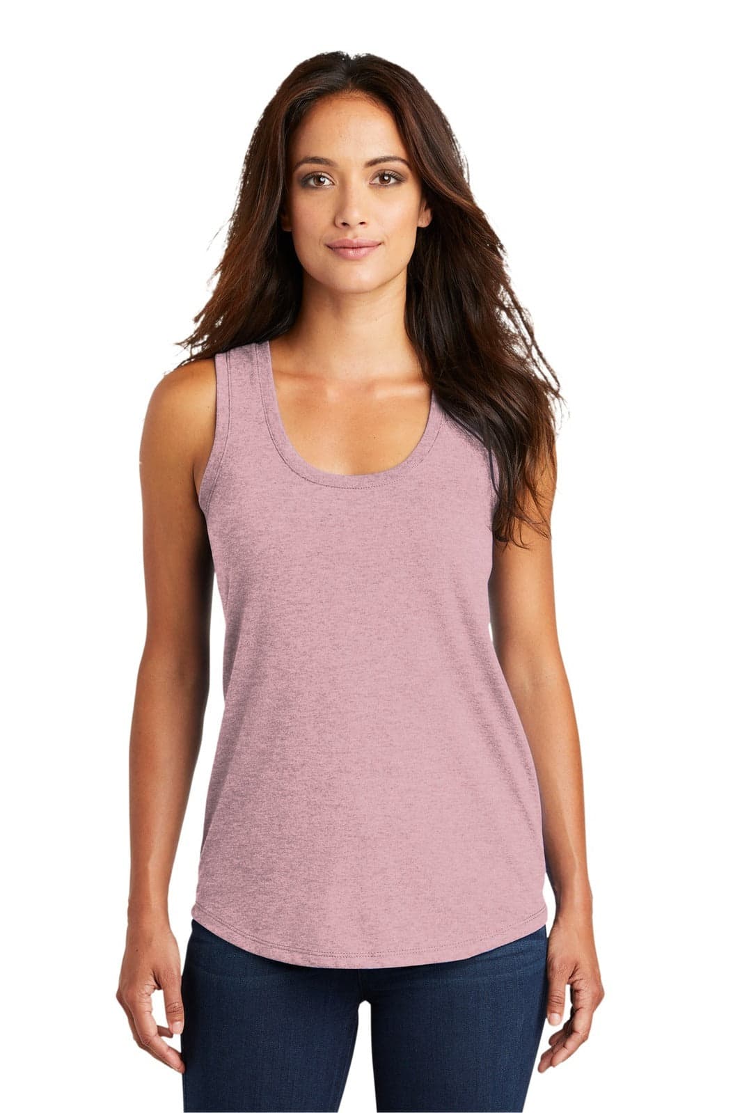 A woman models a pink District Made ladies' racerback tank top, featuring a casual, relaxed fit.
