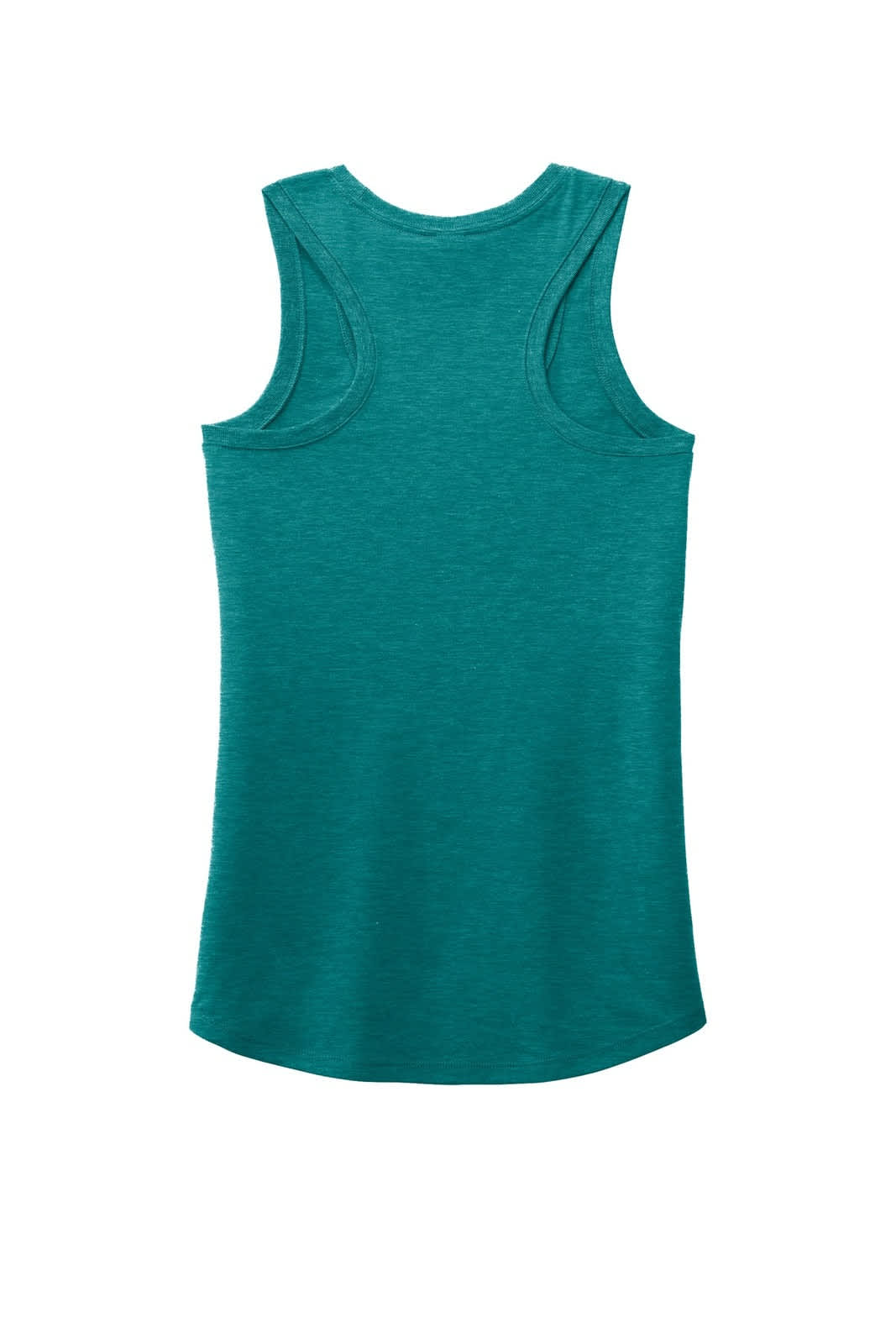 A teal ladies racerback tank top featuring a smooth back design and a logo.