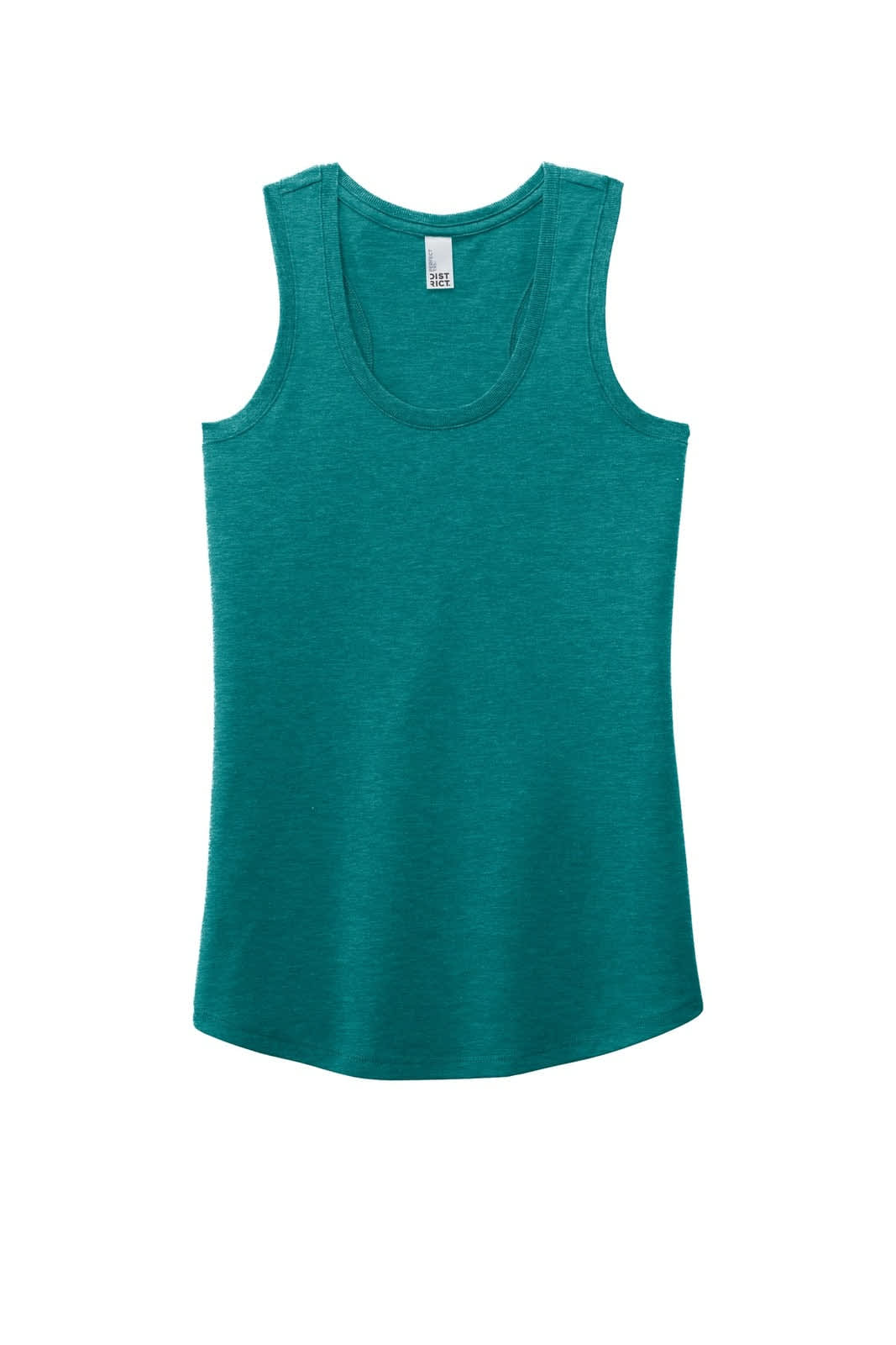 A teal tank top with a scoop neckline and a racerback design, featuring a brand logo.