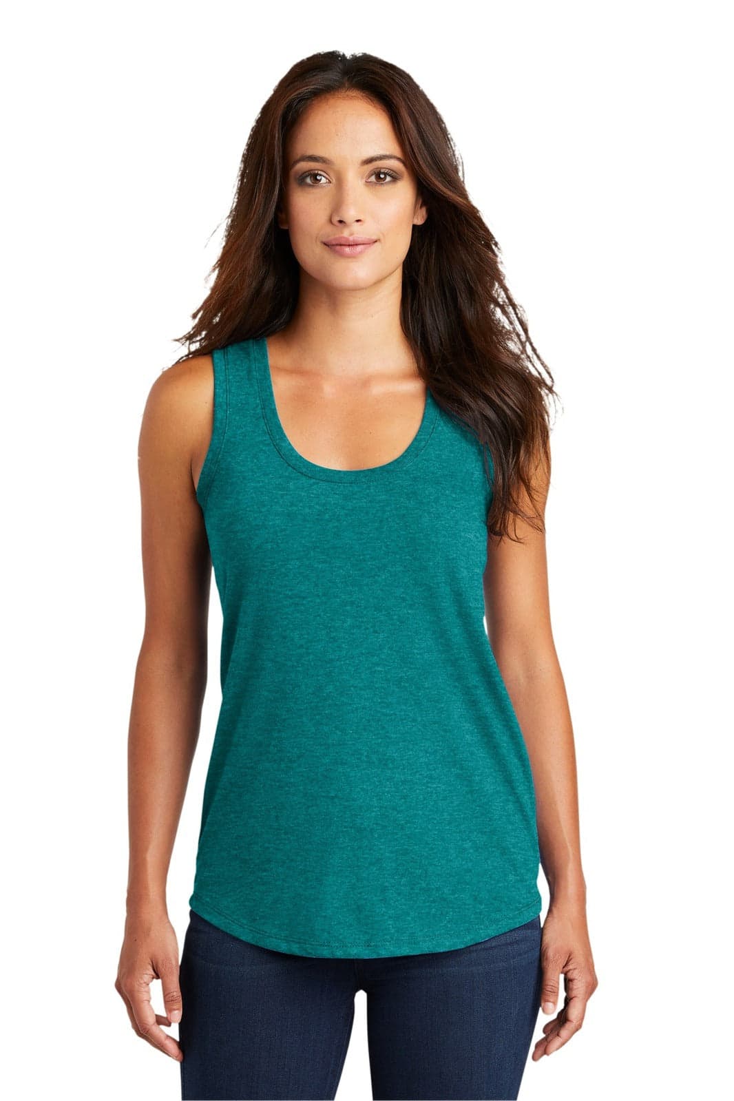 A teal ladies' racerback tank top with a relaxed fit, featuring a logo on the centre chest.