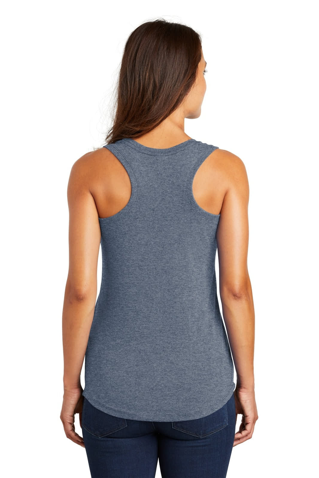 A grey ladies' racerback tank top viewed from the back, featuring a fitted design and a logo.