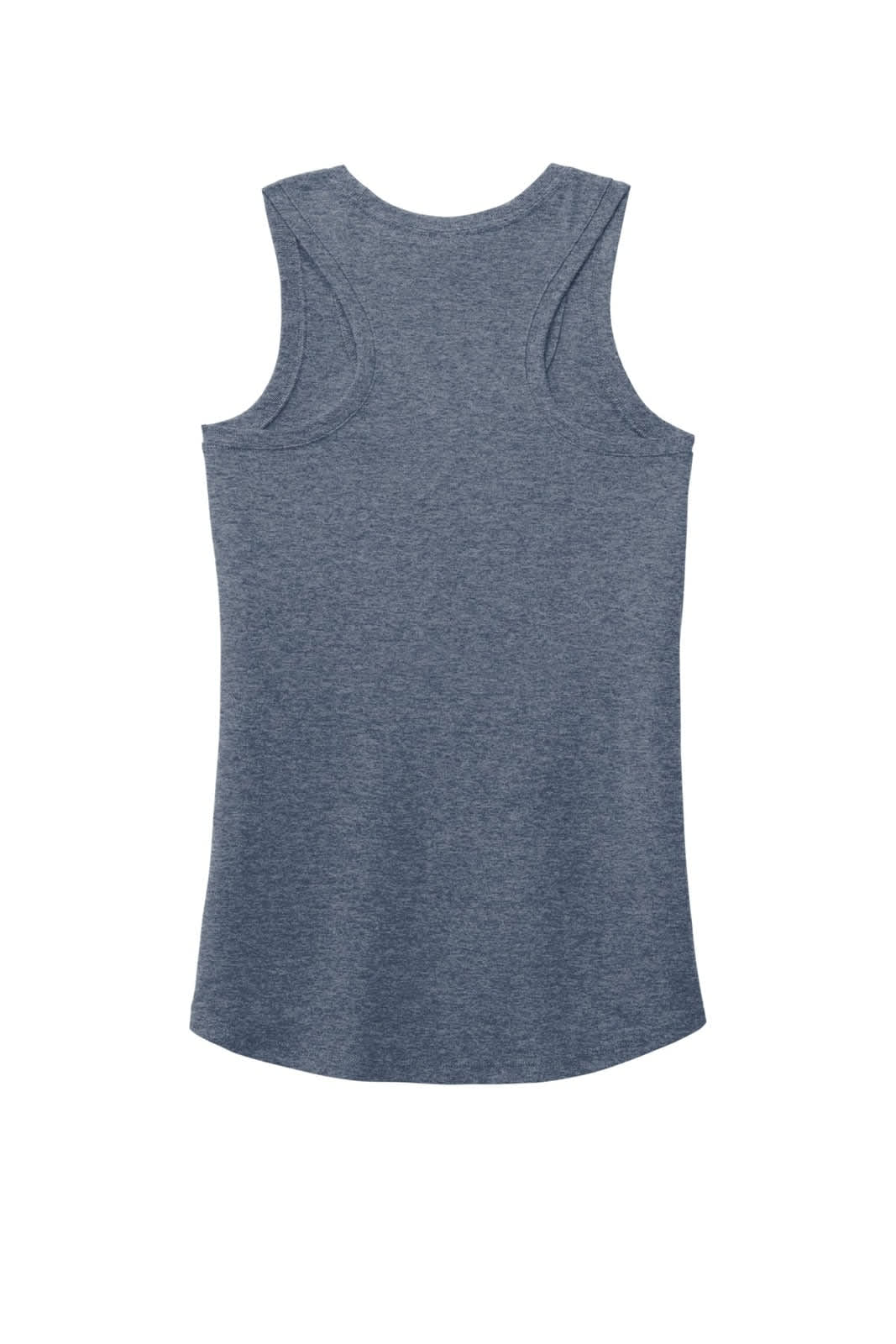 A grey racerback tank top featuring a curved hem and a logo on the back. The fabric has a soft, textured appearance.