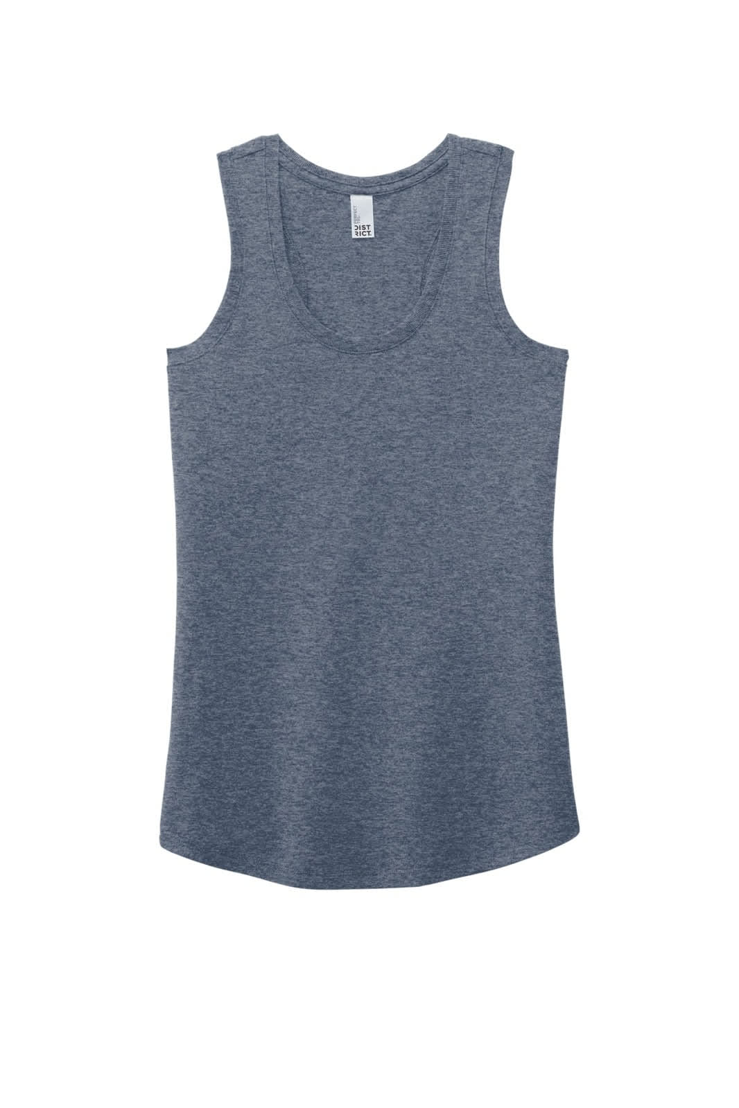 A grey racerback tank top with a scoop neckline, featuring a label and a simple design.