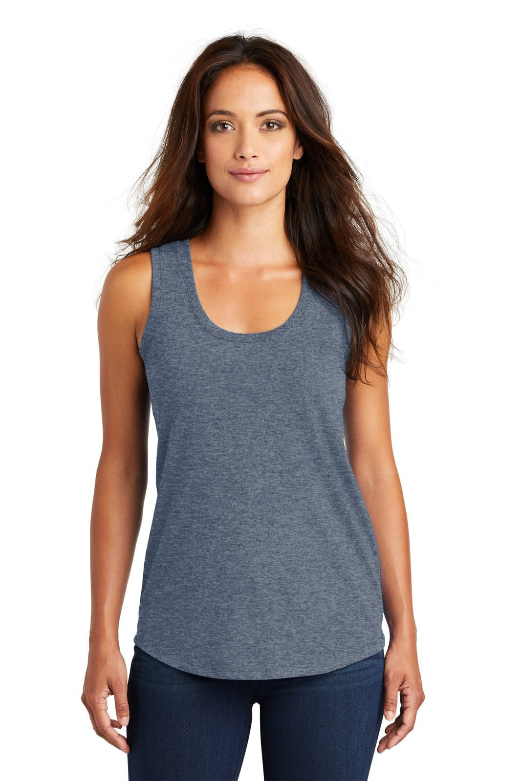 A ladies' racerback tank top in a dark navy colour with a smooth, casual fit and a logo on the front.