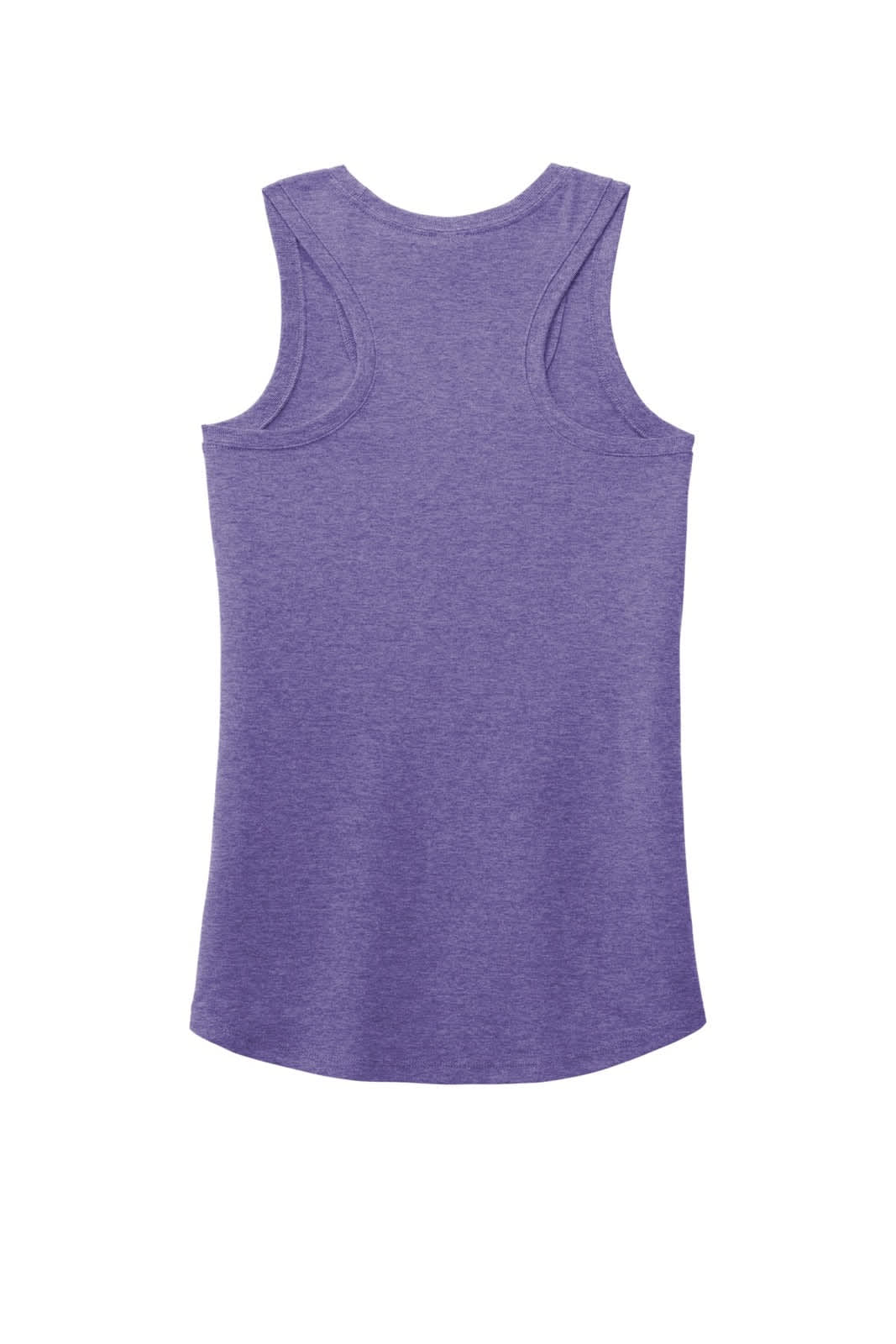 A purple racerback tank top with a fitted design and a logo on the back.