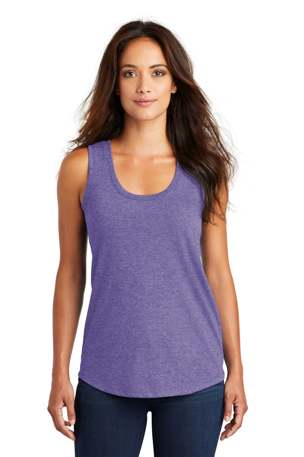A purple racerback tank top designed for ladies, featuring a fitted style and a logo. Perfect for casual wear.
