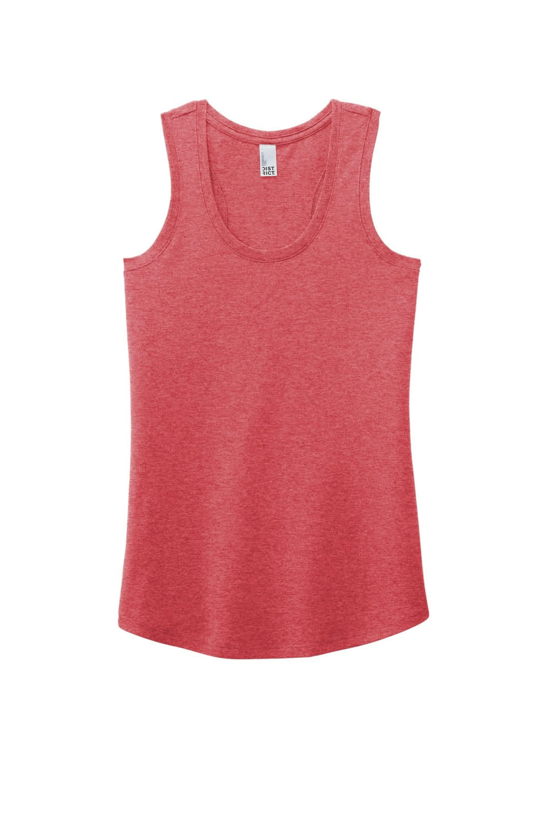 A red racerback tank top featuring a scoop neckline and a brand logo.