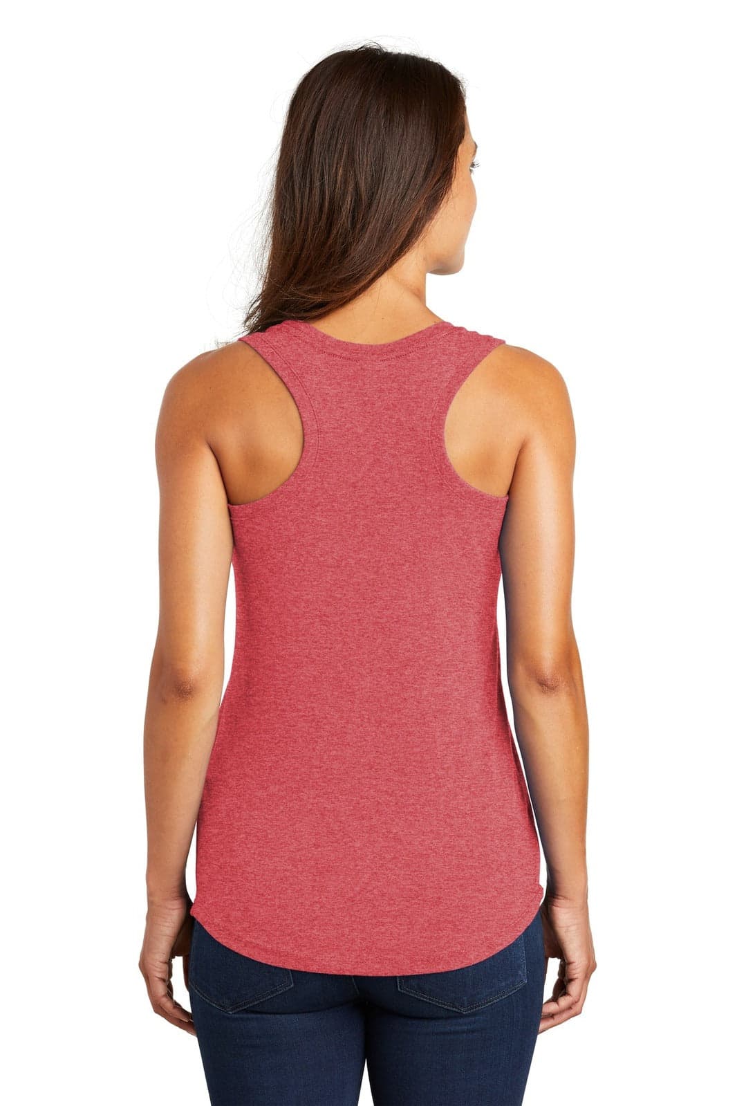 A red ladies' racerback tank top featuring a fitted design and a logo on the back.