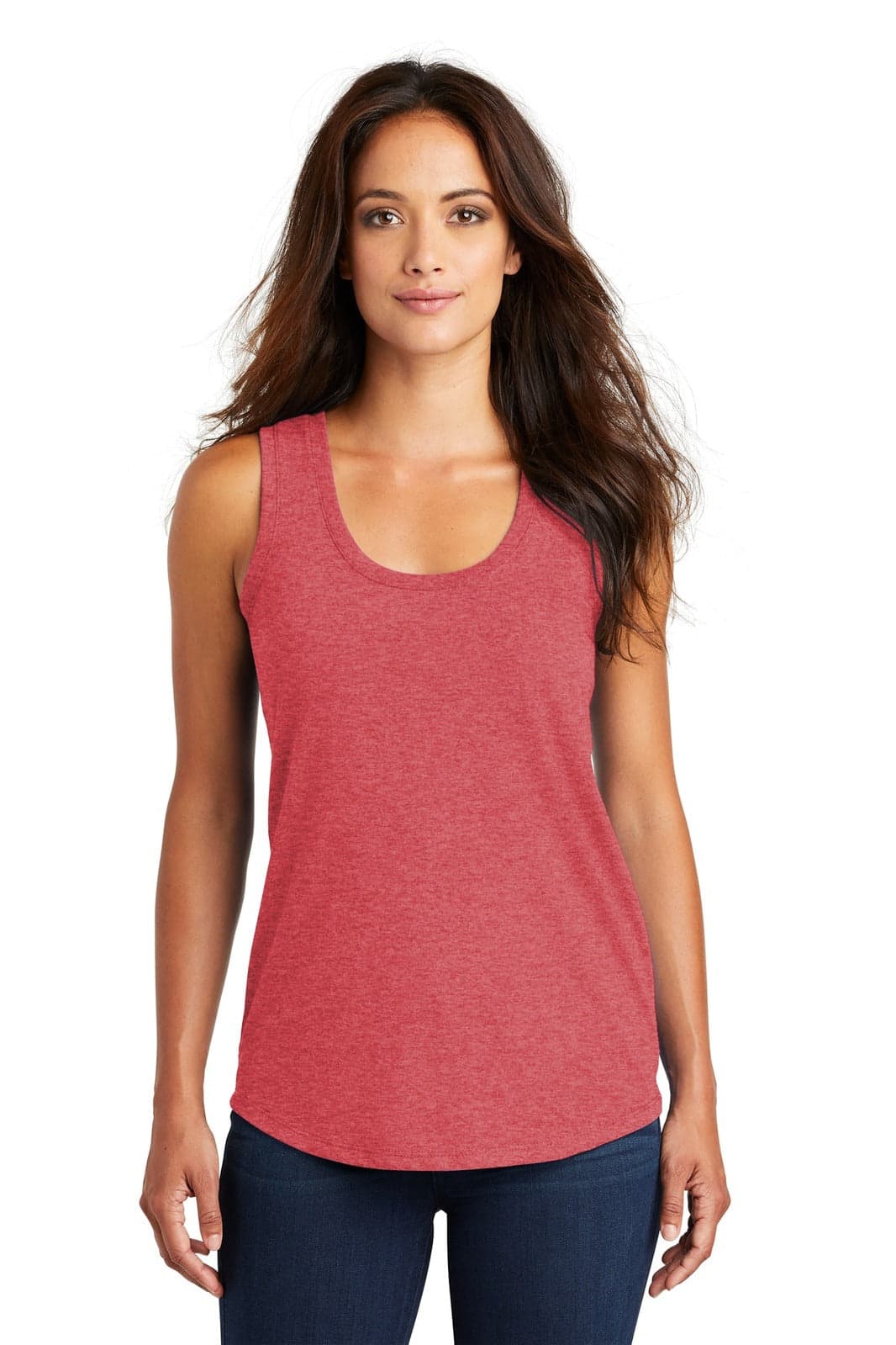 A red racerback tank top with a scoop neckline and a fitted silhouette. It has a logo on the side.