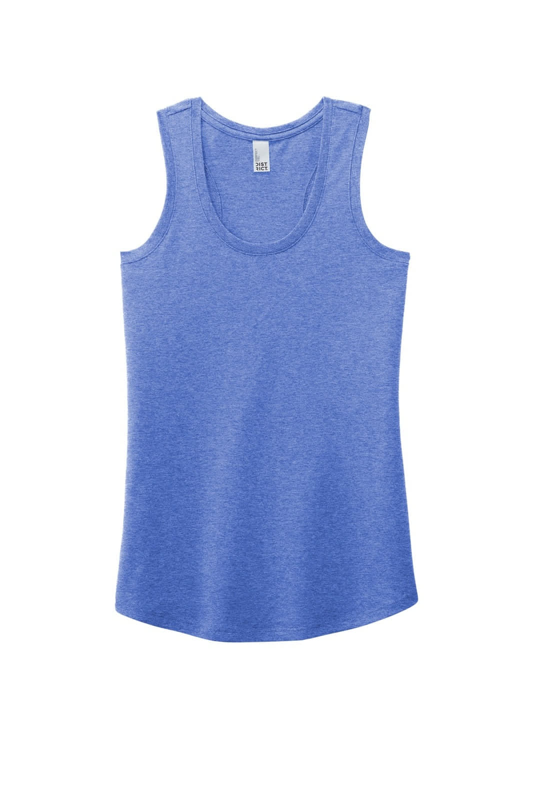 A ladies' racerback tank top in a heather blue colour, featuring a scoop neckline and a logo at the label.