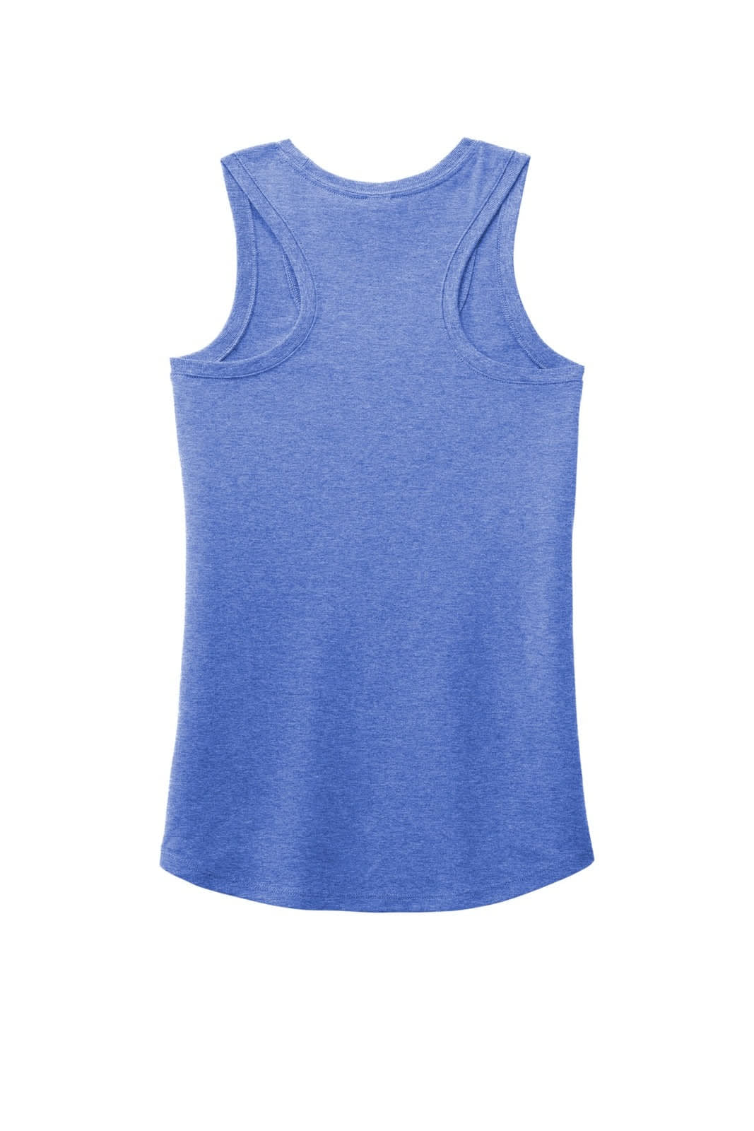 A blue ladies' racerback tank top with a slightly curved hem and branded logo on the back.