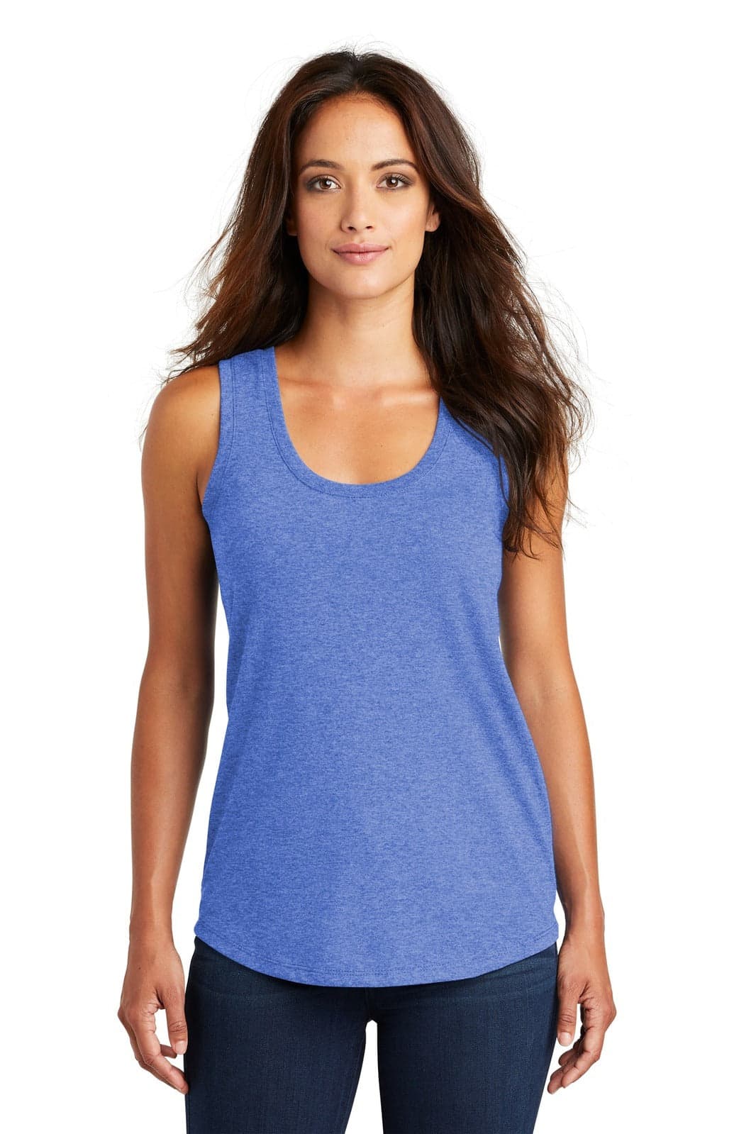 A blue racerback tank top, made from a soft fabric, featuring a fitted design and a logo on the front.