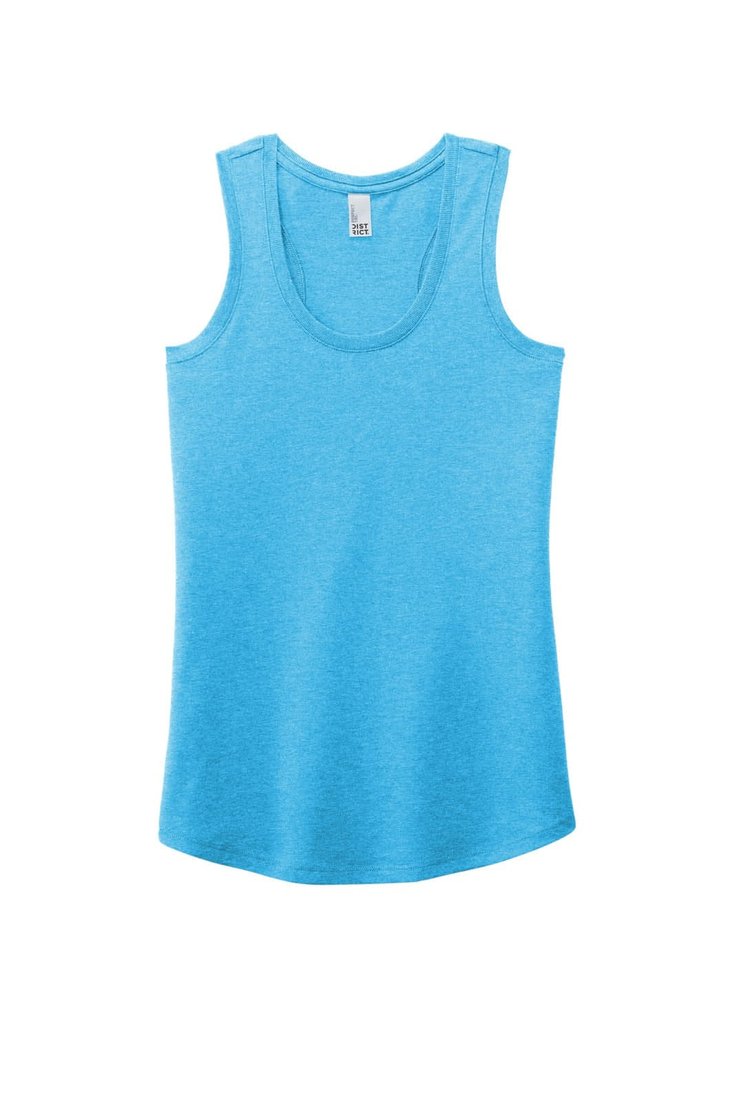 A light blue racerback tank top with a scoop neckline and a tag inside. It features a logo on the label.