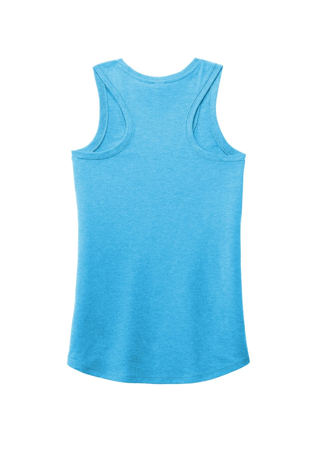 A blue racerback tank top with a soft texture and a curved hemline. It features a logo on the back.