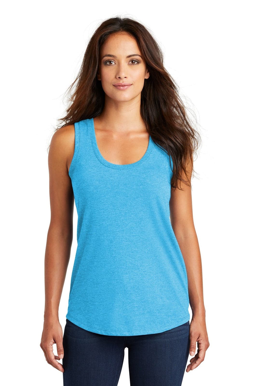 A blue racerback tank top with a scoop neckline, featuring a logo.