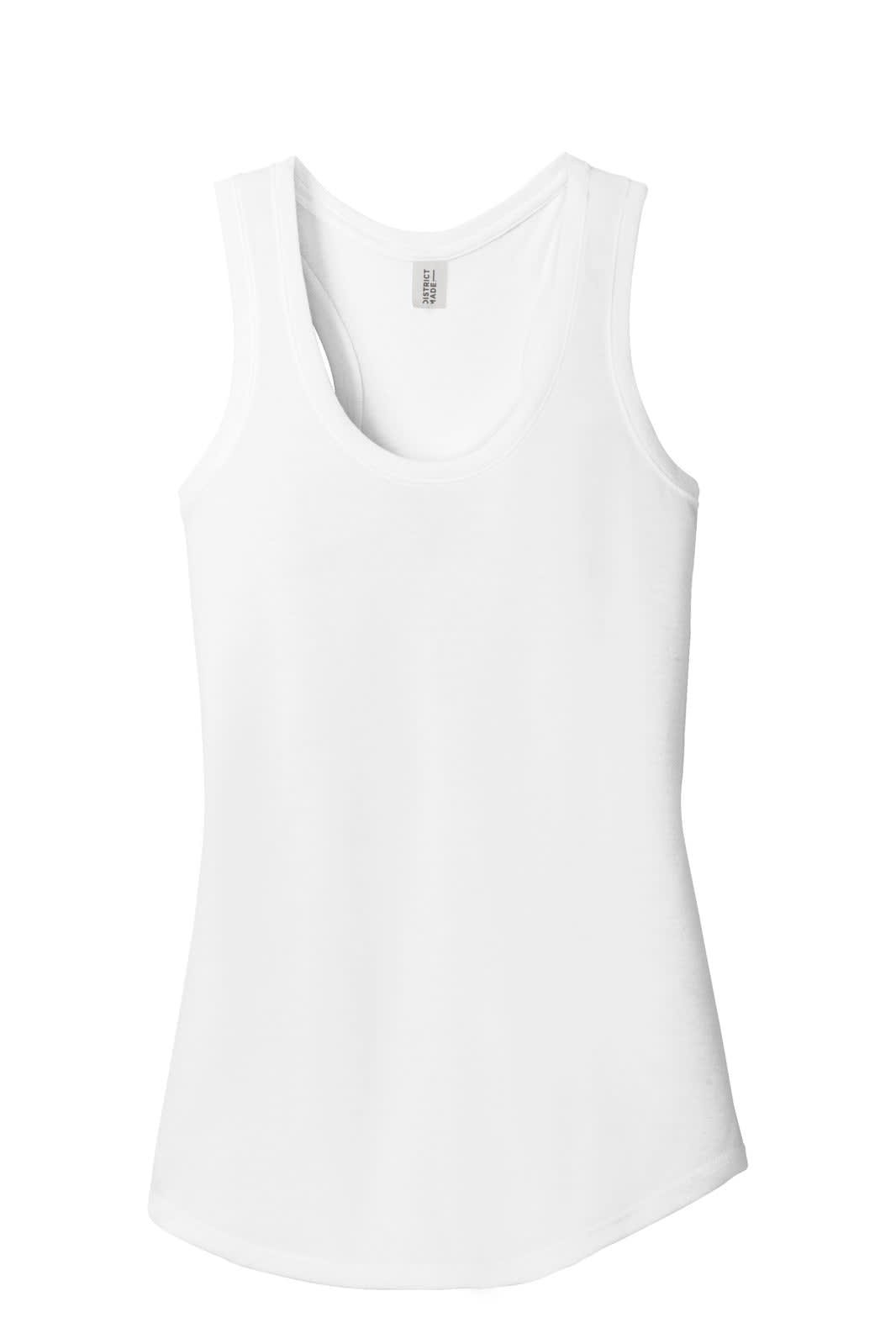 A white ladies' racerback tank top, designed with a scoop neckline, features a branding logo.