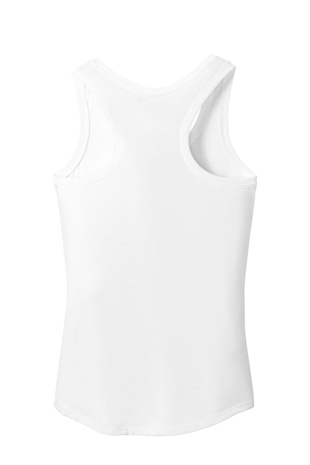 A white racerback tank top featuring a simple design and a logo on the back.
