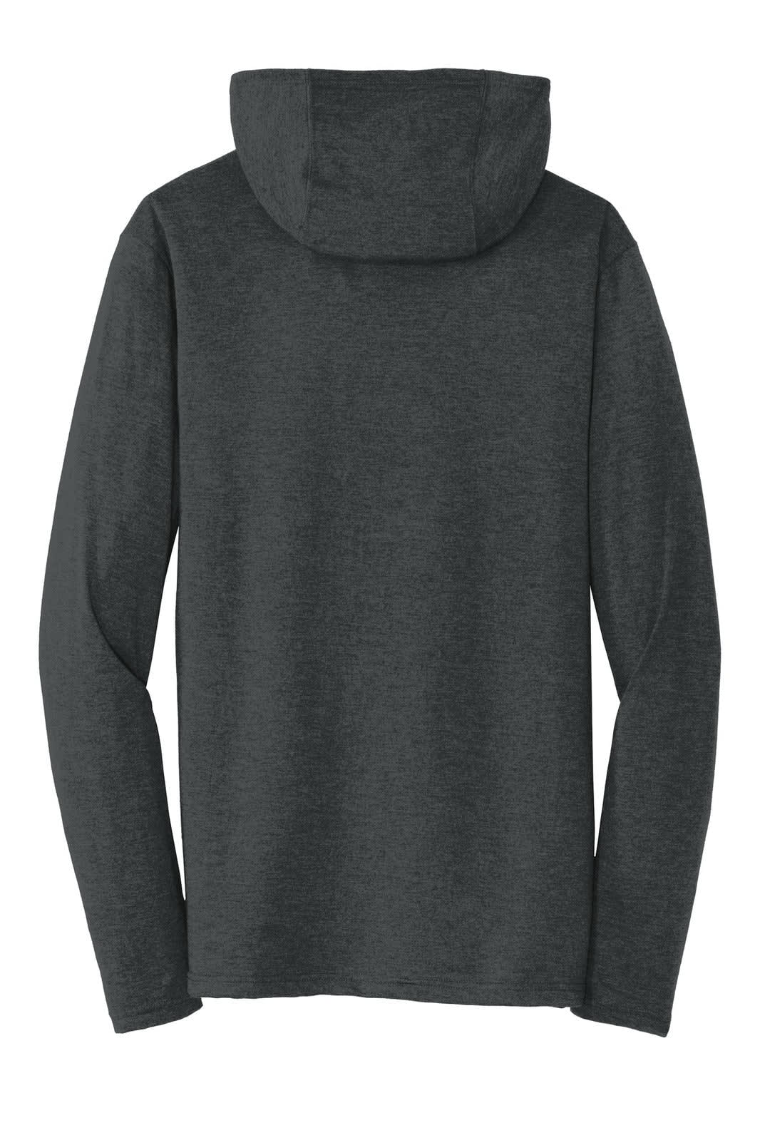A dark grey long sleeve hoodie with a hood and a branded logo on the back.