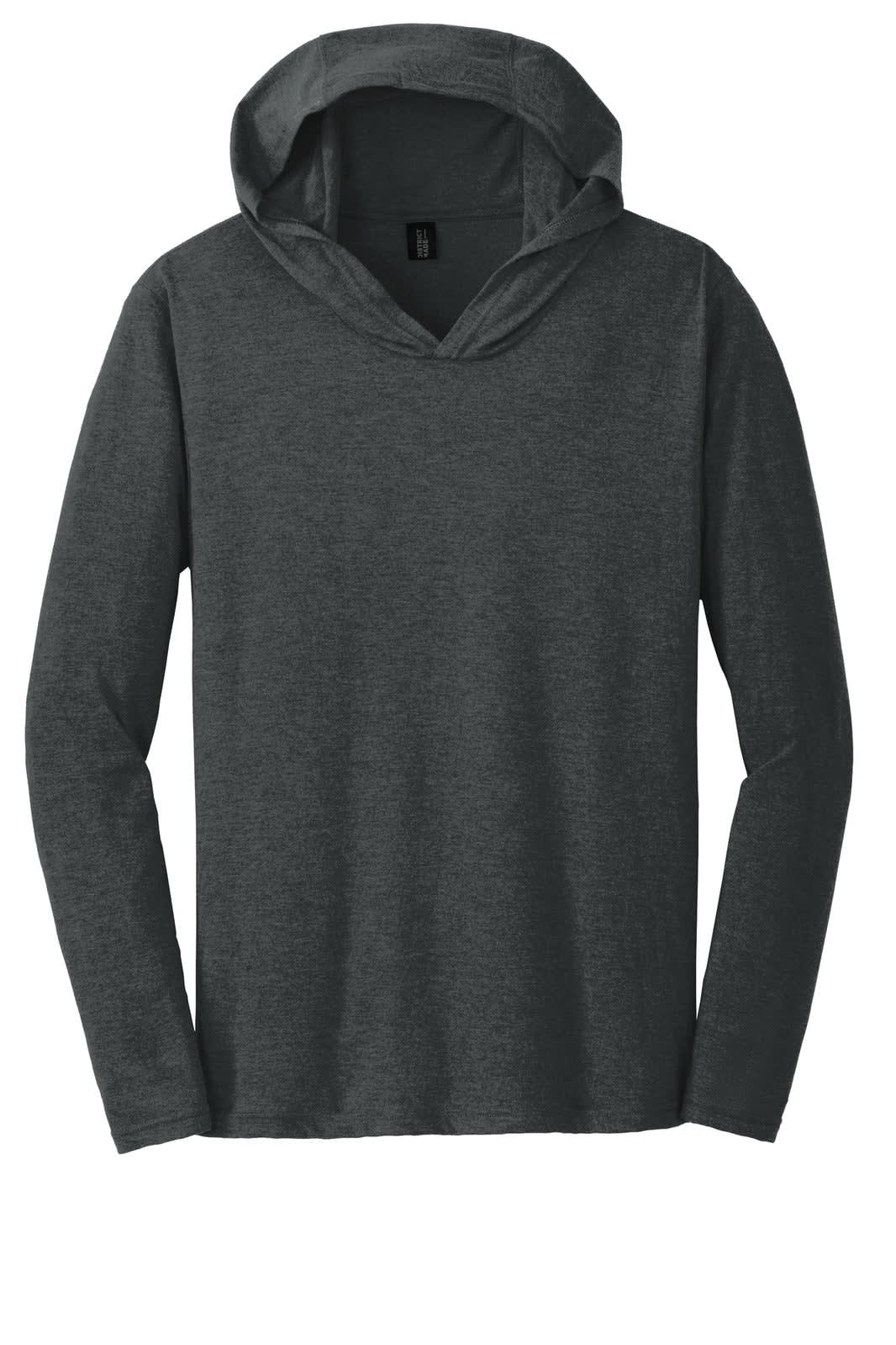 A long sleeve hoodie in a dark grey colour with a hood and a simple design. It features a logo on the front.