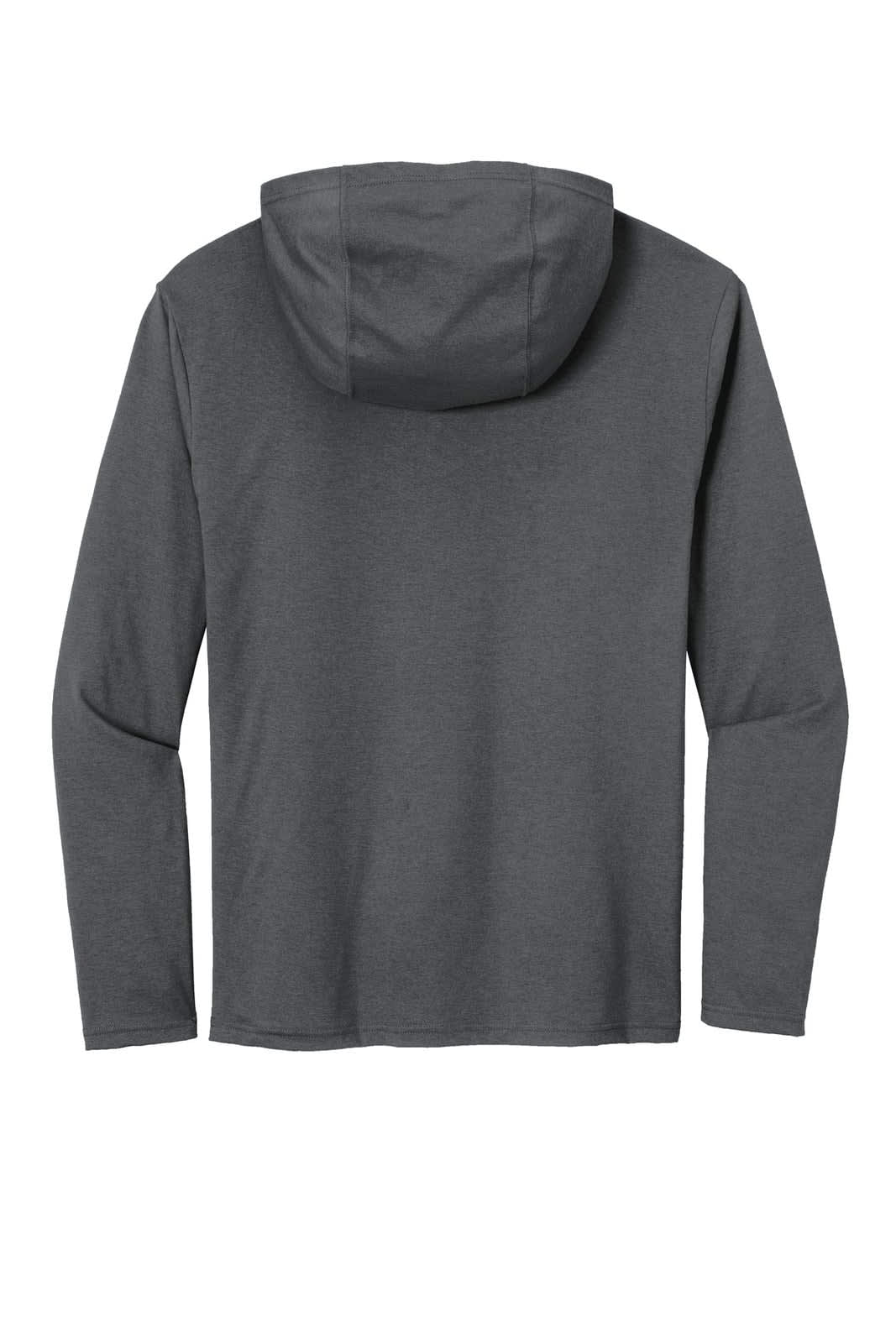 A grey long sleeve hoodie with a hood, showcasing a simple, minimalist design and a branding logo.
