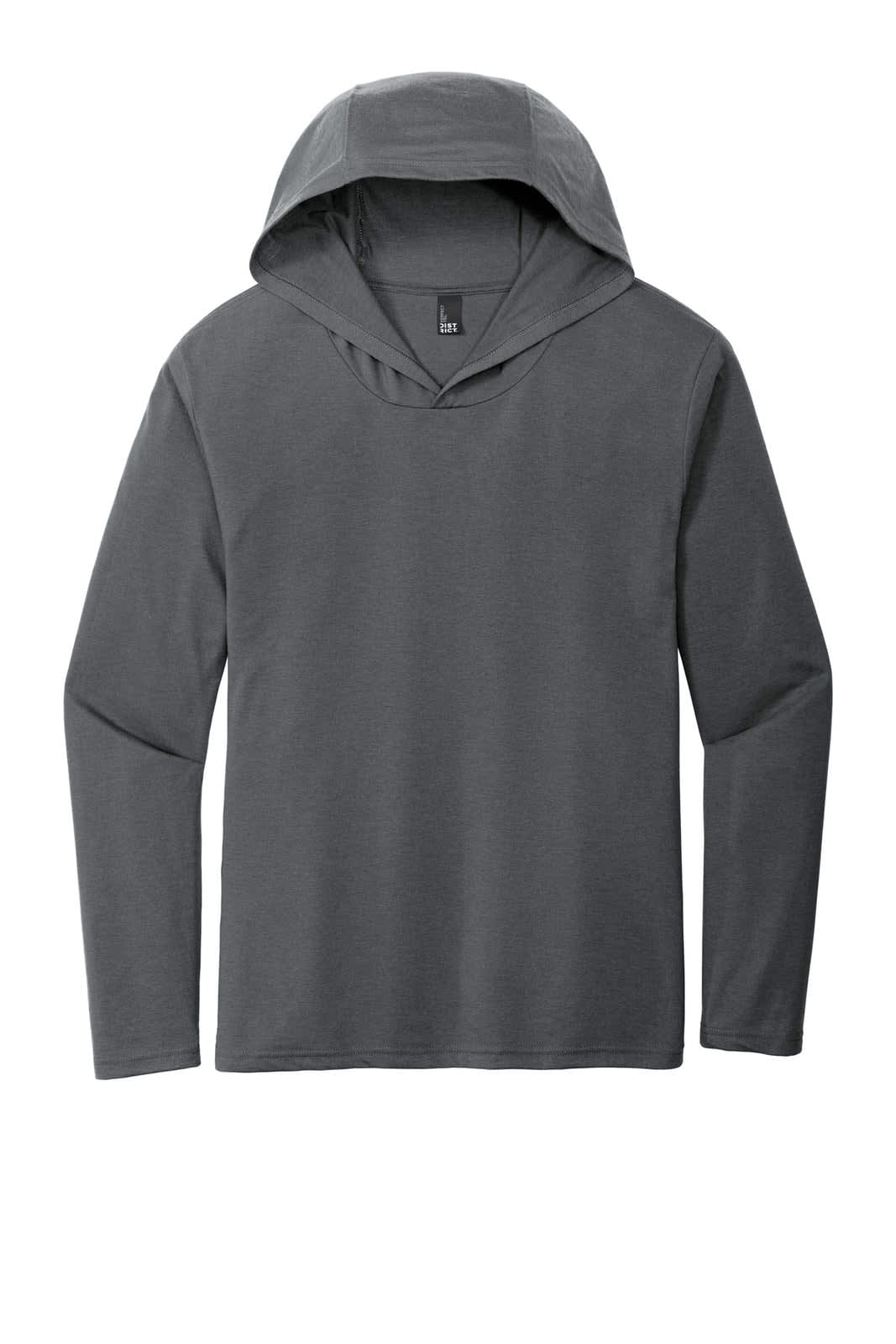 A men's long sleeve hoodie in a charcoal grey colour, featuring a hood and a simple design with a logo.