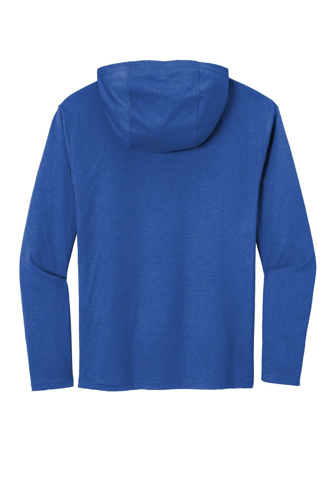 A blue long sleeve hoodie with a hood, featuring a logo on the back.
