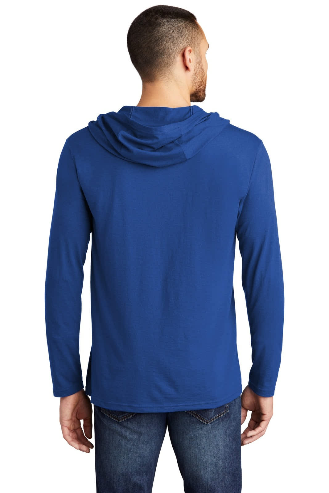 A blue long sleeve hoodie with a hood, viewed from the back, featuring a logo.