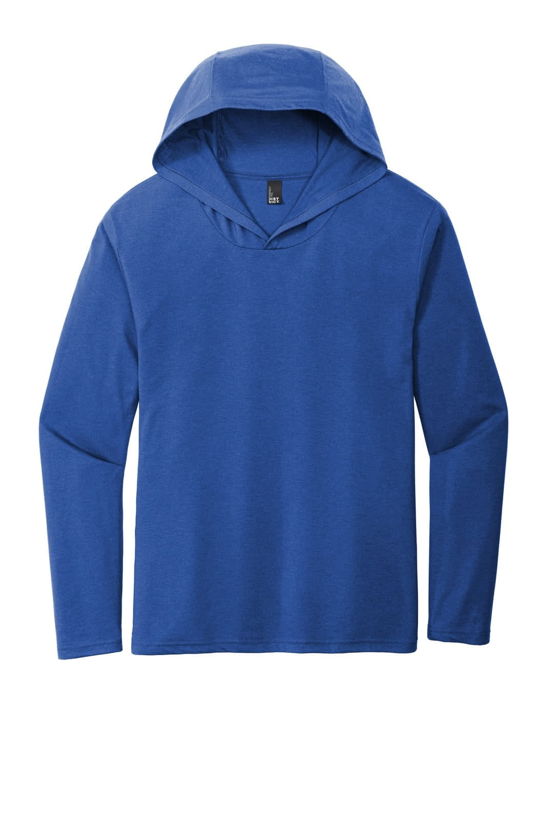 A blue long sleeve hoodie features a hood and a branding logo on the tag. Suitable for casual wear.
