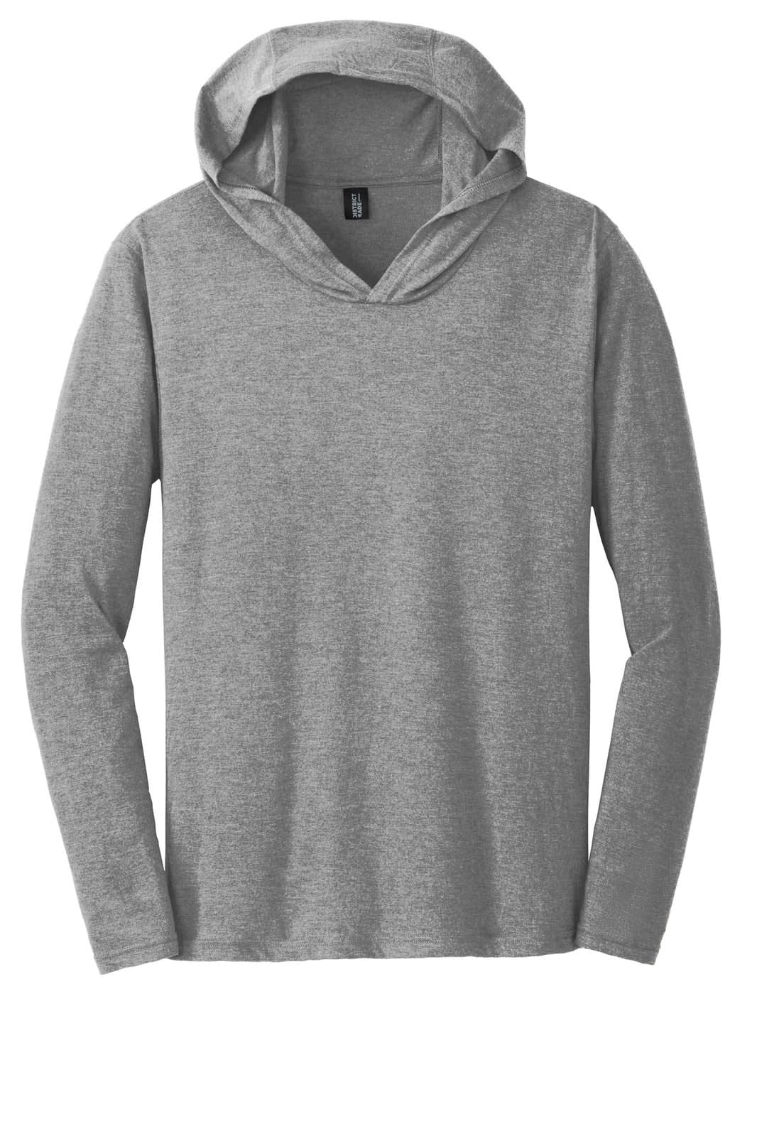 A grey long sleeve hoodie with a hood, featuring a simple design and a logo on the front.