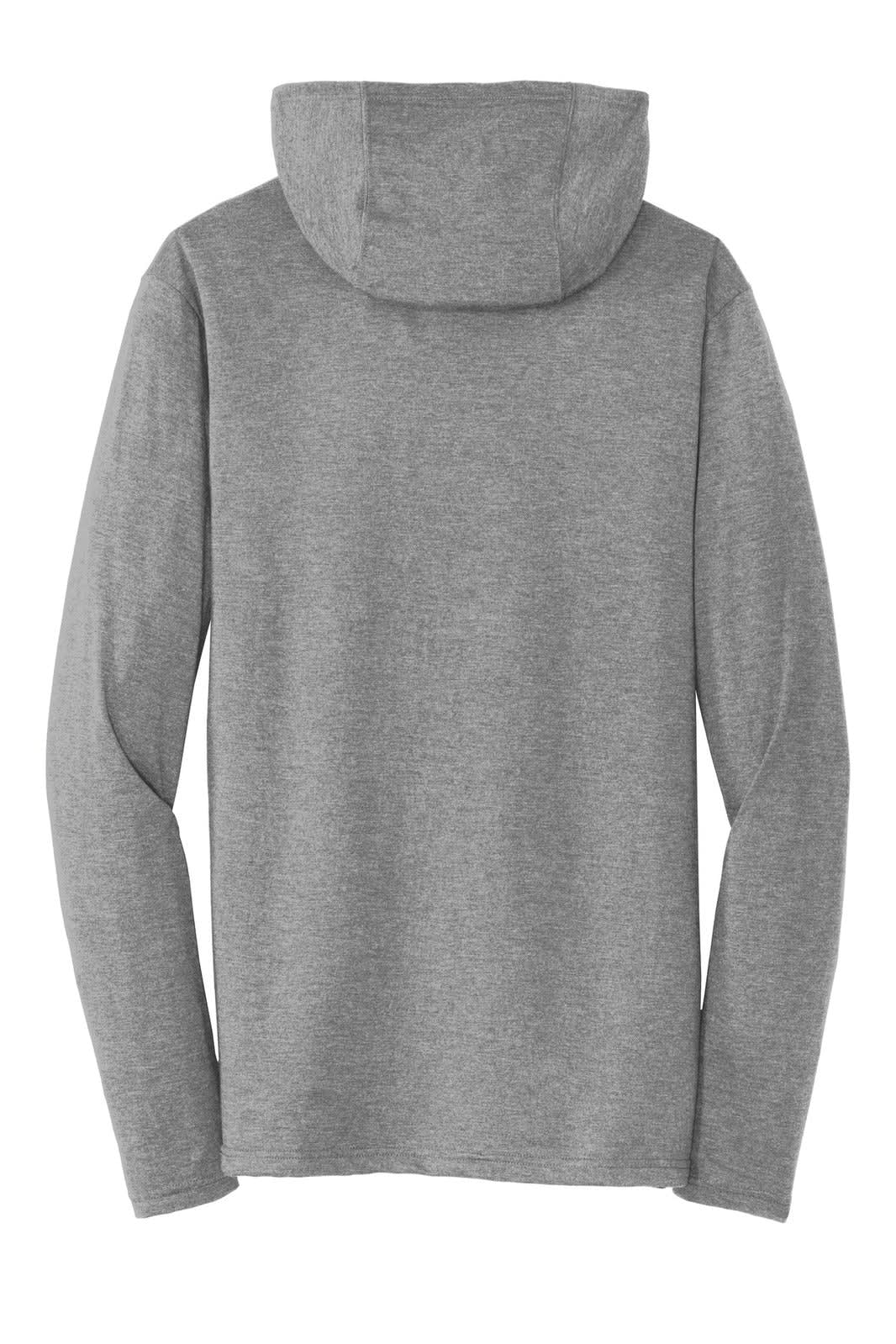 A grey long sleeve hoodie with a back view, featuring a hood and fitted sleeves, has a branding logo.
