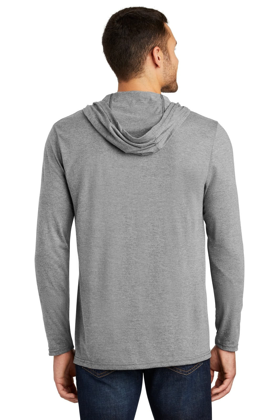 A grey long sleeve hoodie with a hood, featuring a simple design and a logo. Suitable for casual wear.