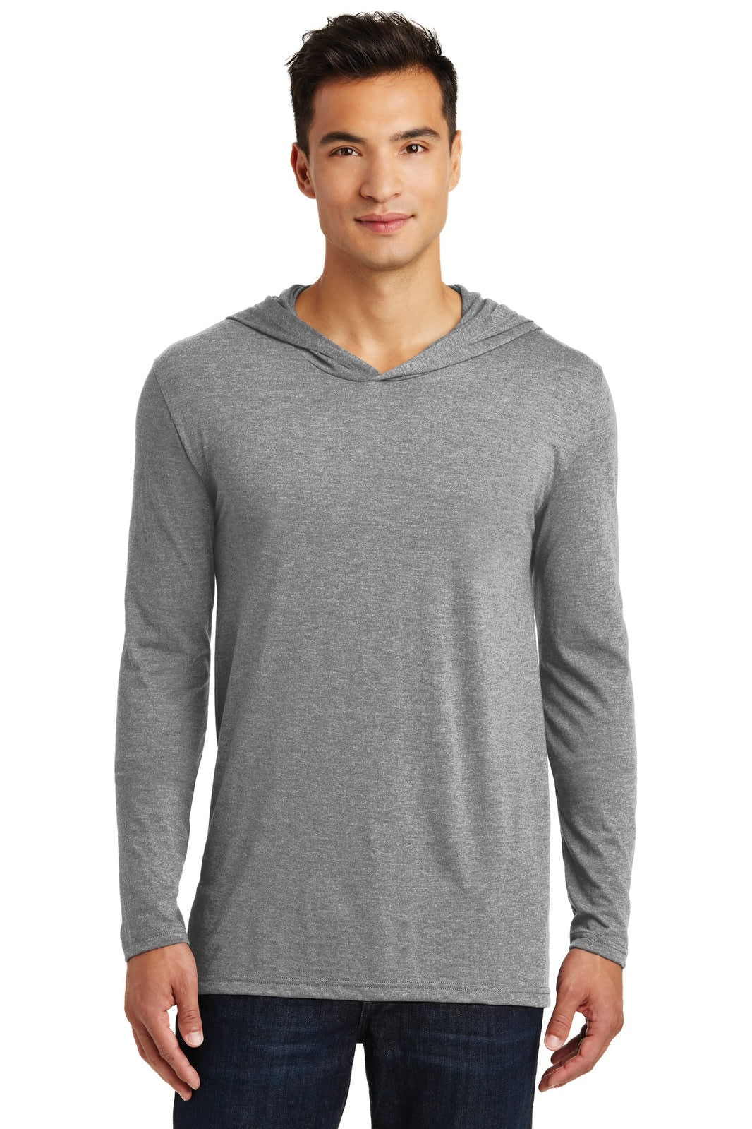 A grey long sleeve hoodie with a relaxed fit, featuring a hood and a logo on the front.