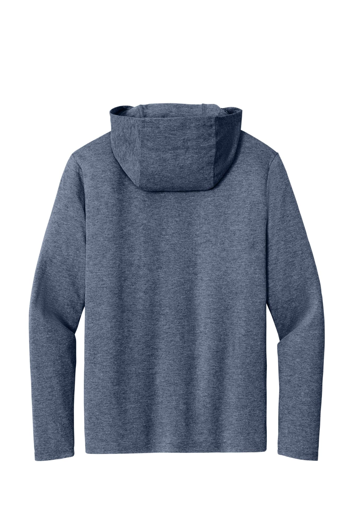A blue long sleeve hoodie with a hood and a textured fabric. Features a branding logo on the side.