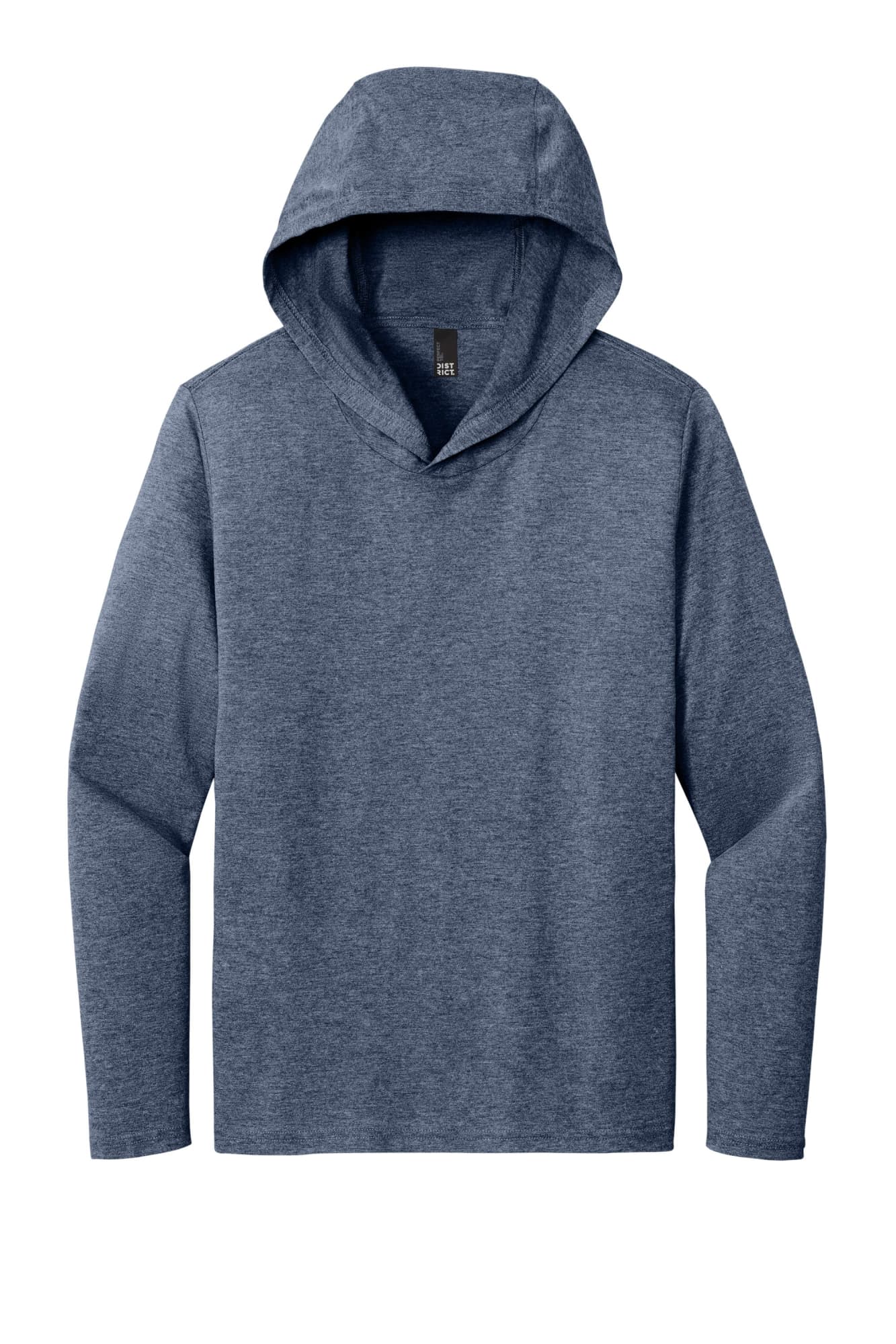 A long sleeve navy hoodie with a hood, featuring a logo on the front. Made from a soft, lightweight fabric.
