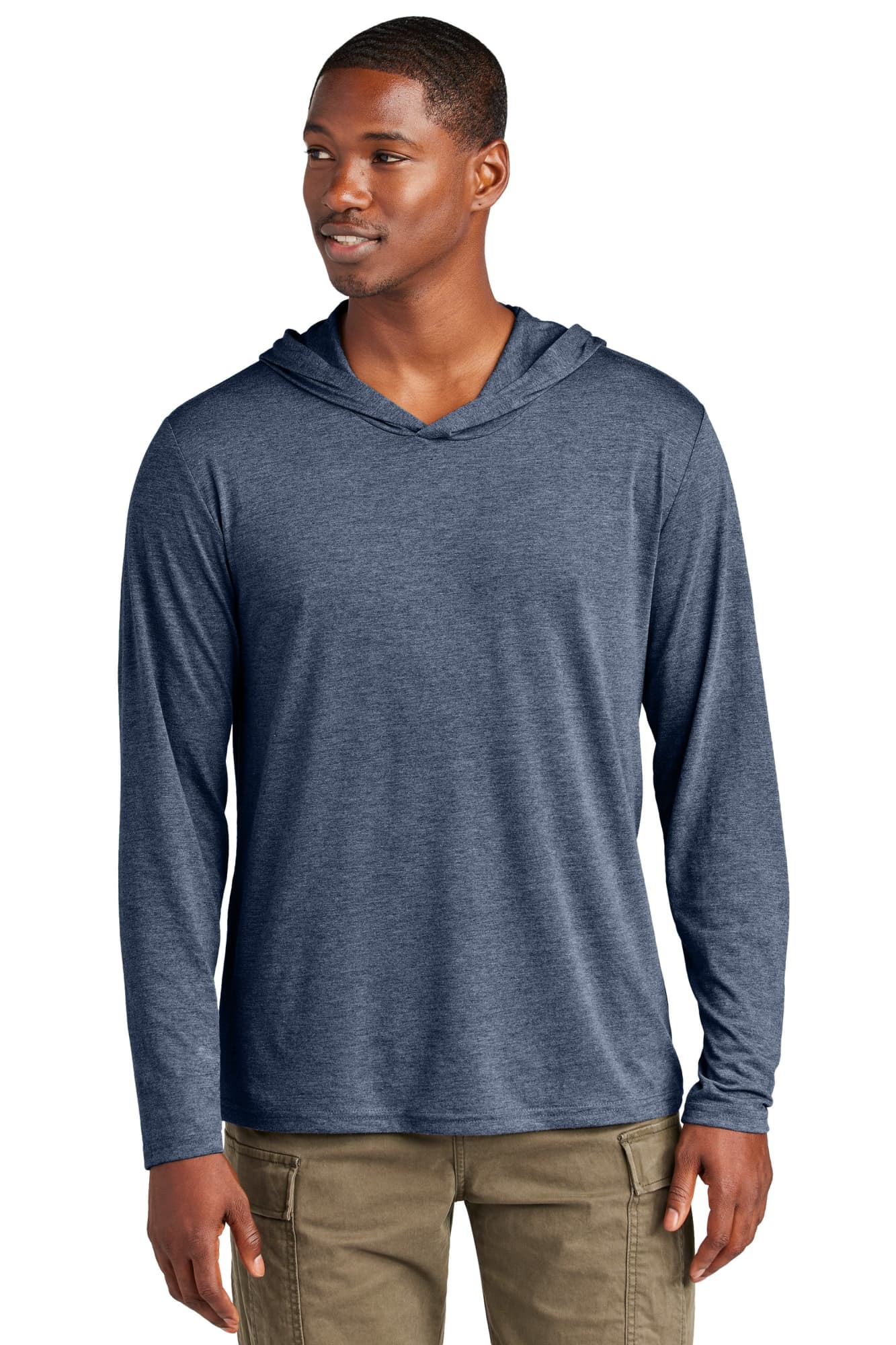 A men's long sleeve hoodie in navy blue with a hood. Features a branded logo.