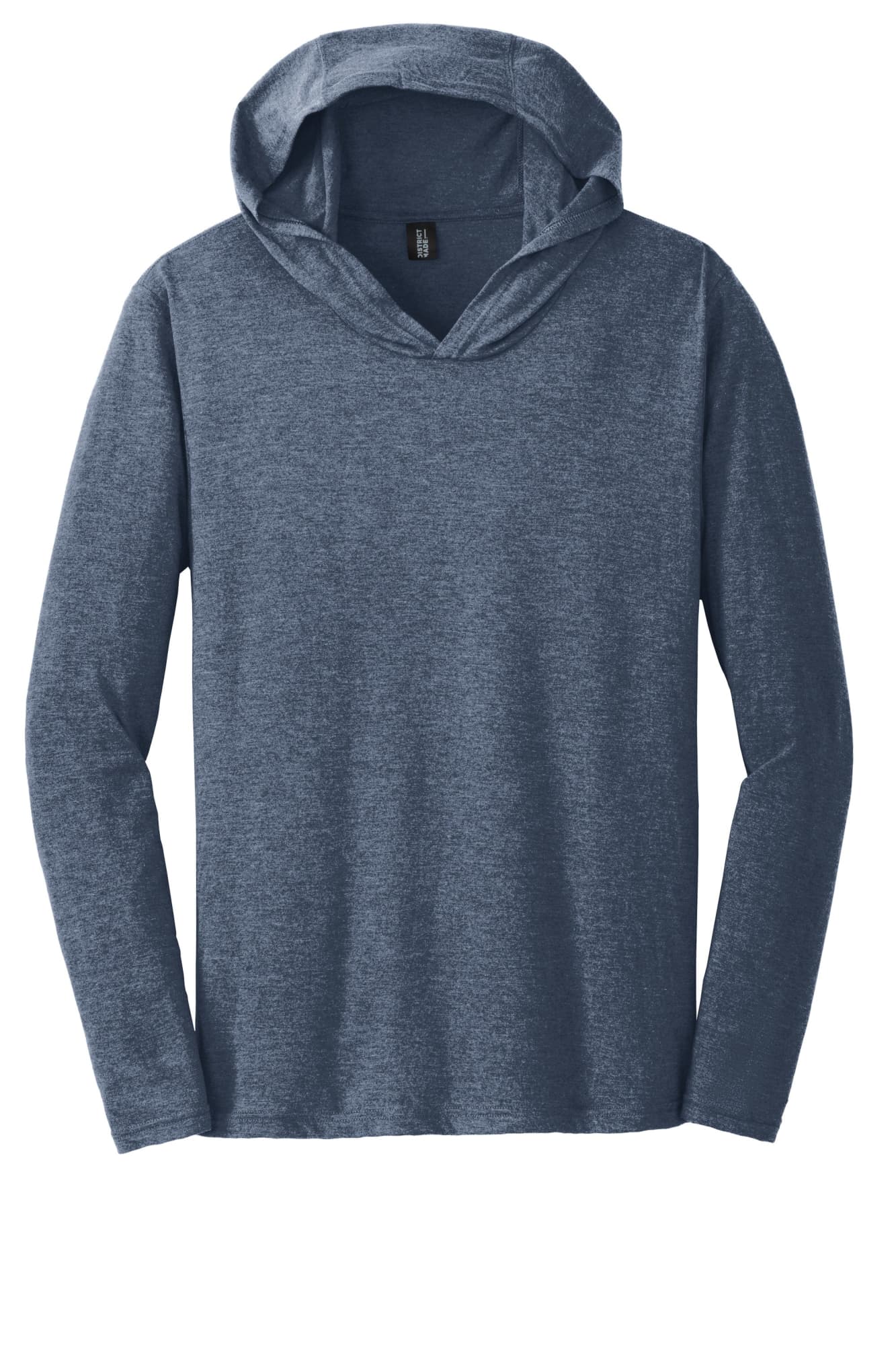 A blue long sleeve hoodie featuring a hood and a logo on the front.