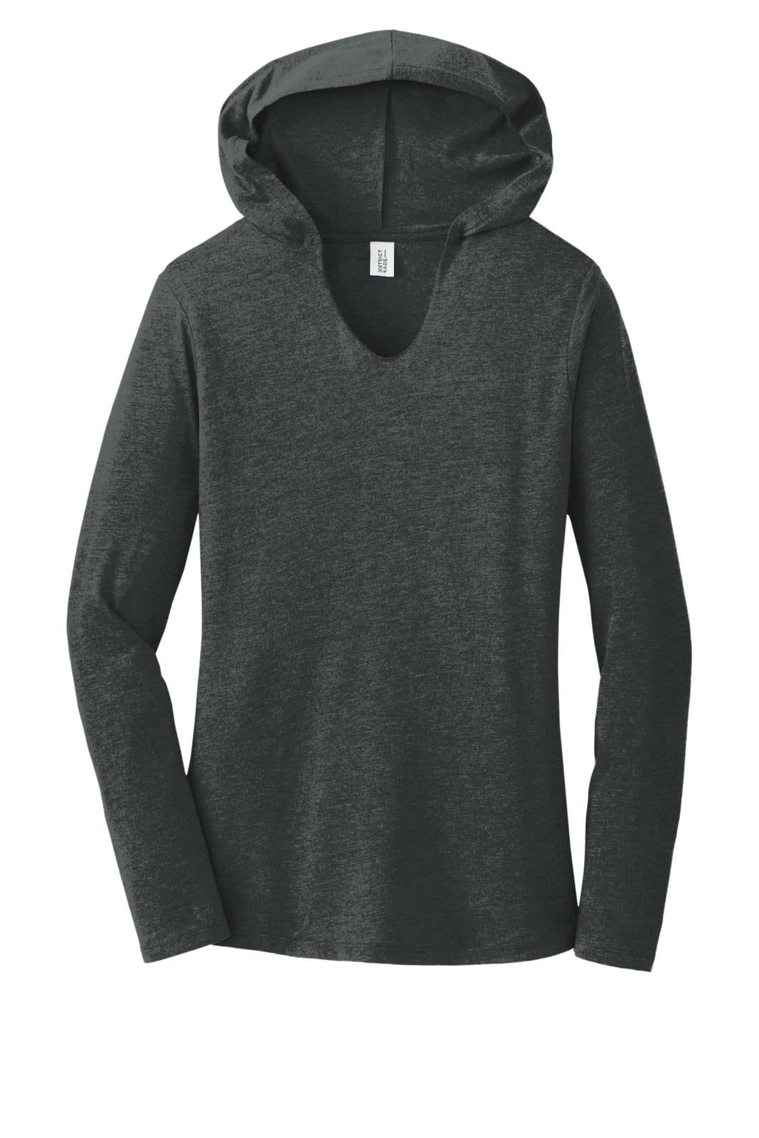 A dark grey long sleeve hoodie with a hood and a V-neck design, featuring a logo.
