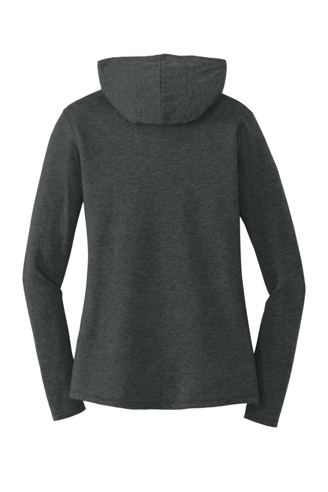 A dark grey long sleeve hoodie with a hood and fitted design, featuring a simple back view.