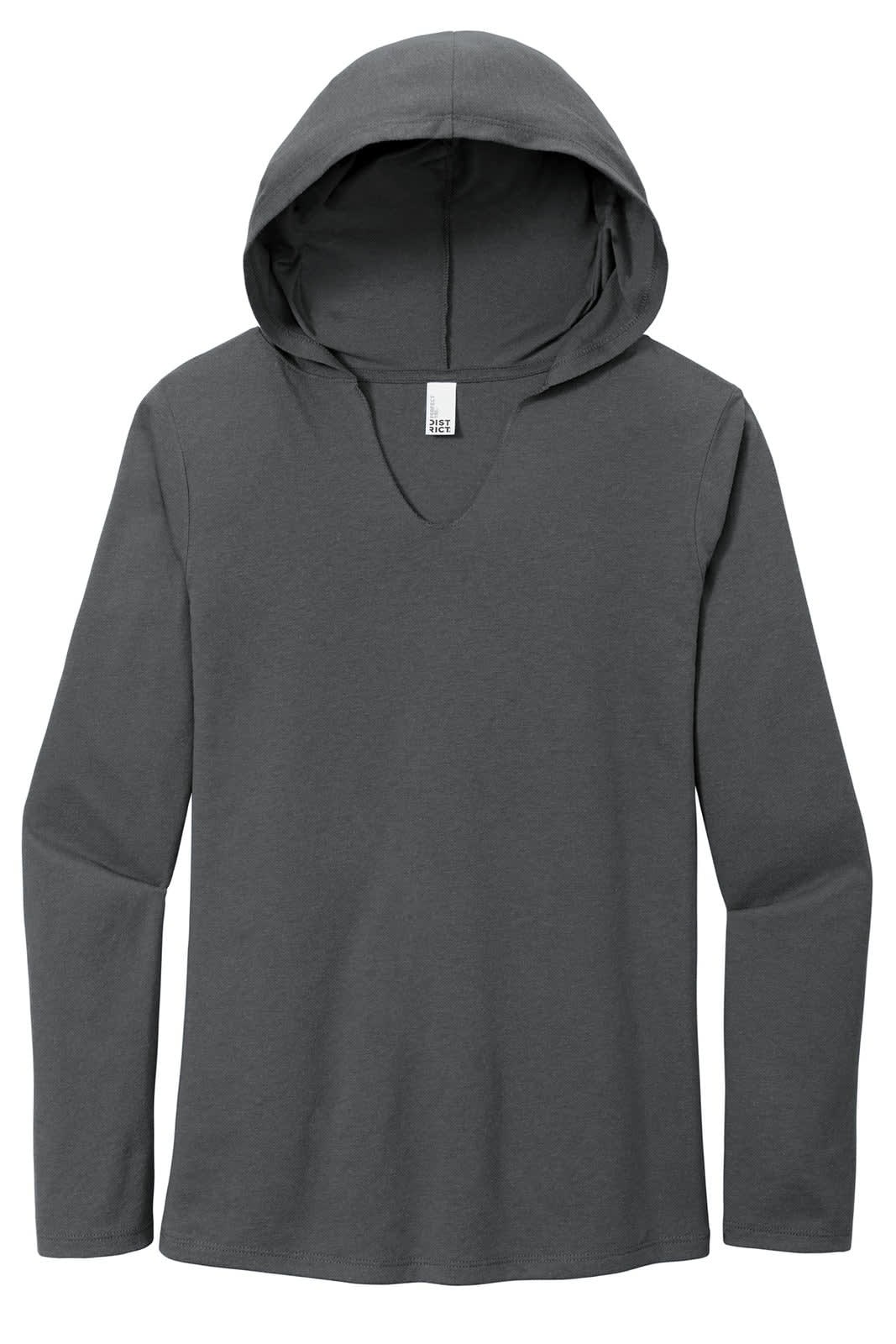 A grey long sleeve hoodie with a v-neck and a hood, featuring a logo on the front.
