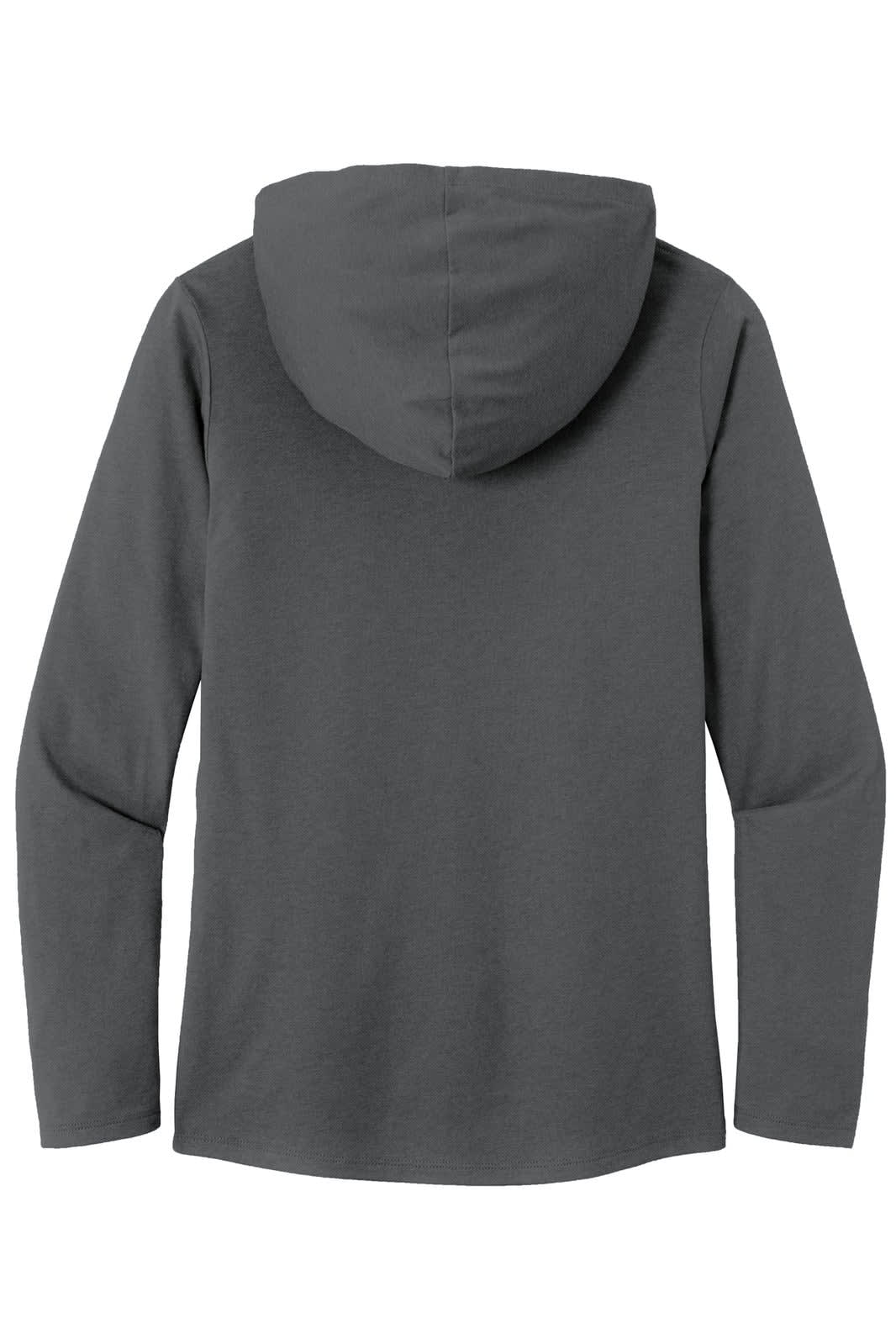 A grey long sleeve hoodie with a hood, features a simple design and includes a branding logo.