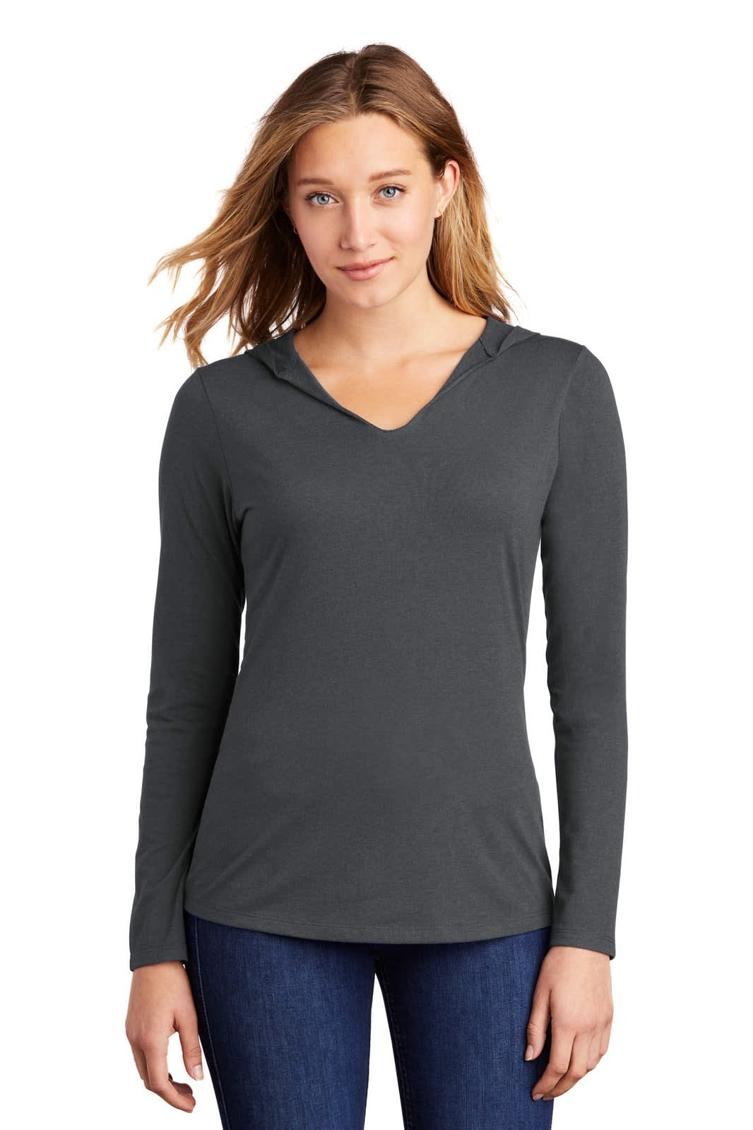 A grey long sleeve hoodie with a v-neck design, featuring a hood and a slim fit. The model is wearing jeans.