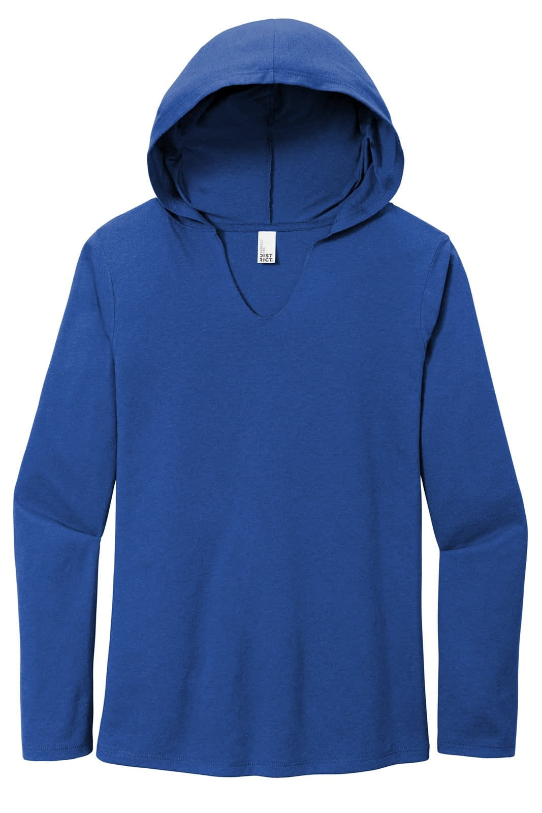 A blue long sleeve hoodie with a v-neck and a hood, featuring a logo on the label.
